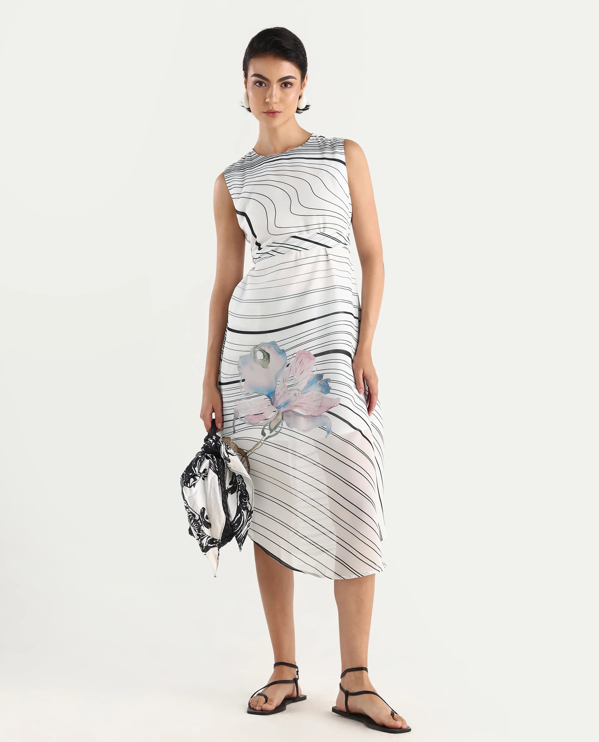 Rareism Women's Kibed Multi Polyester Crew Neck Floral Print Sleeveless Midi Fit And Flare Dress