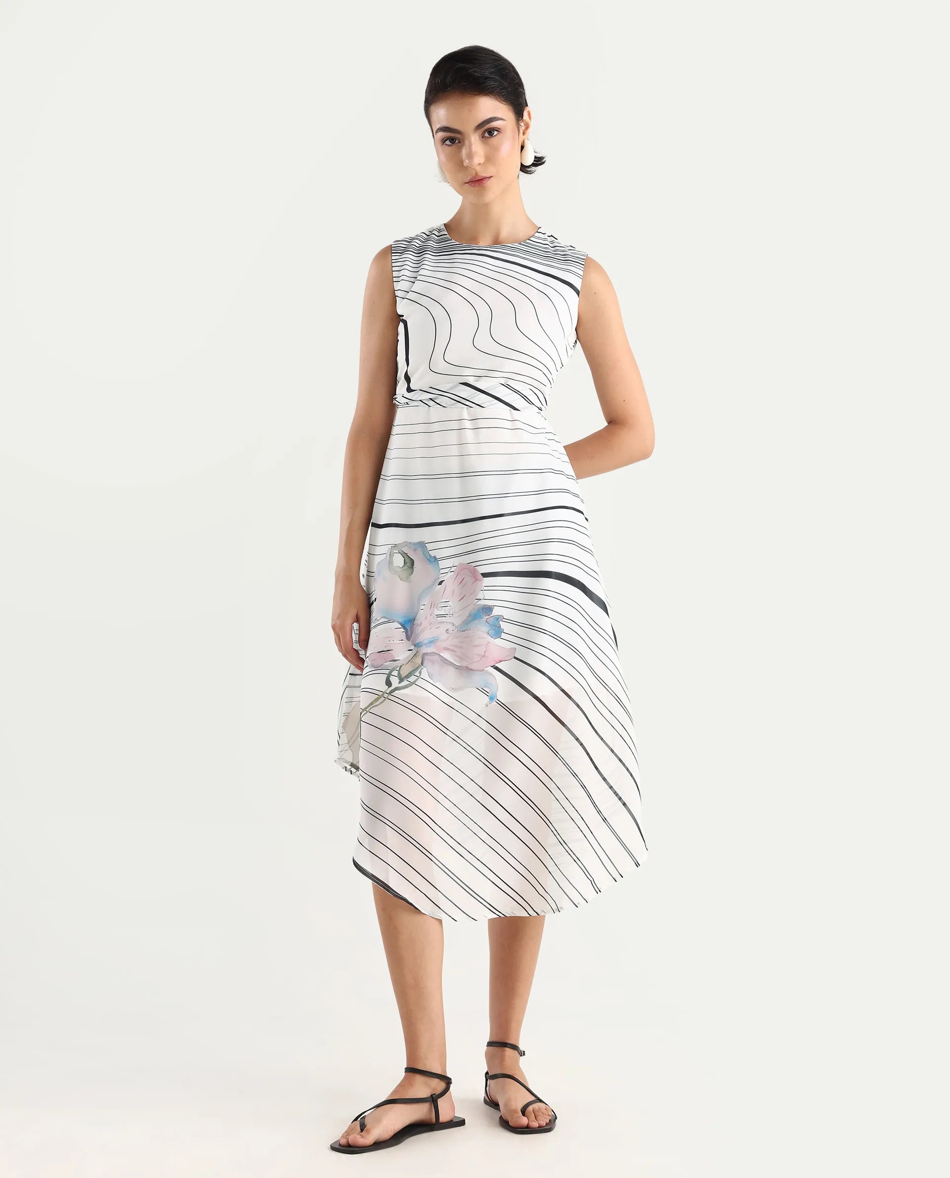 Rareism Women's Kibed Multi Polyester Crew Neck Floral Print Sleeveless Midi Fit And Flare Dress