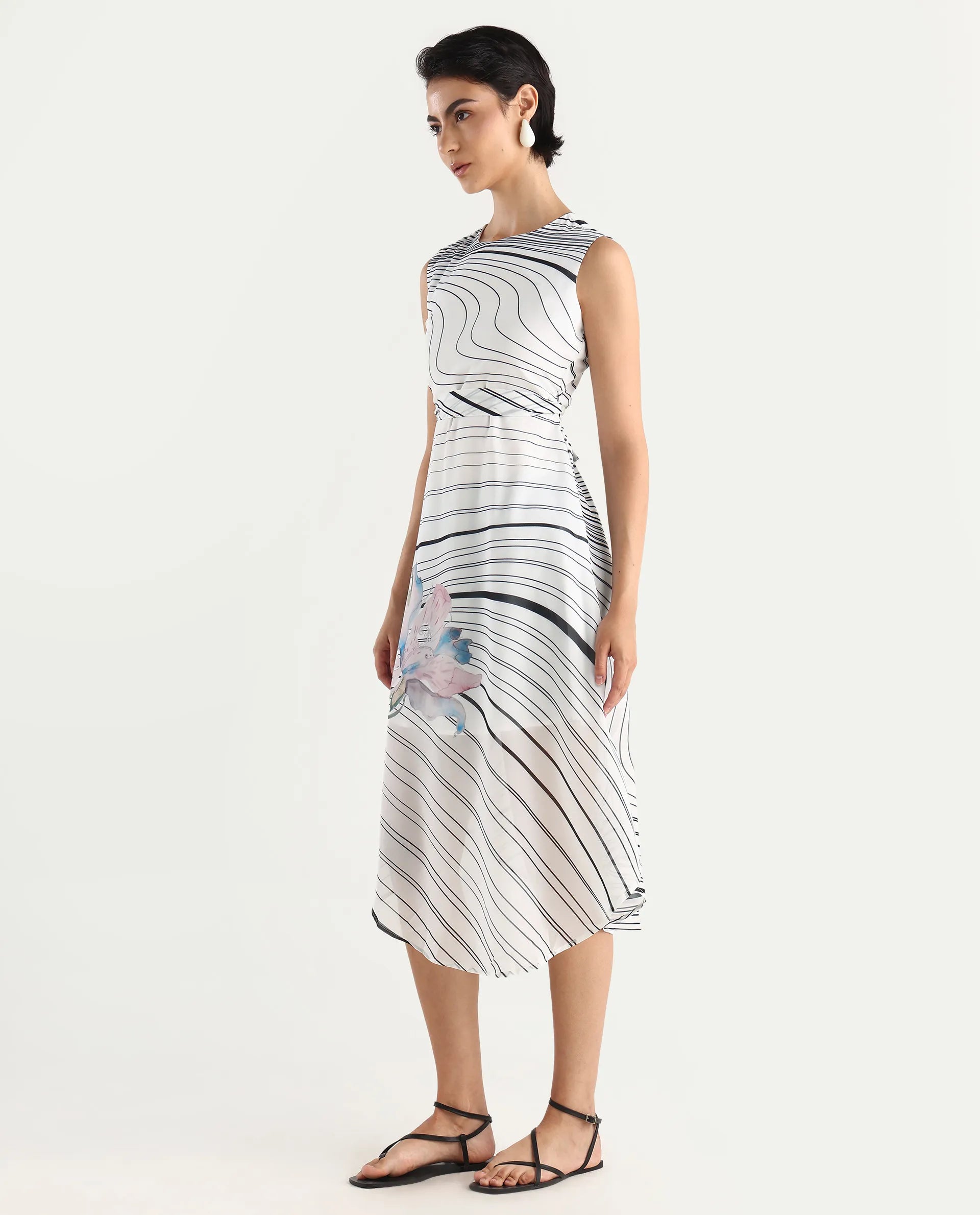 Rareism Women's Kibed Multi Polyester Crew Neck Floral Print Sleeveless Midi Fit And Flare Dress