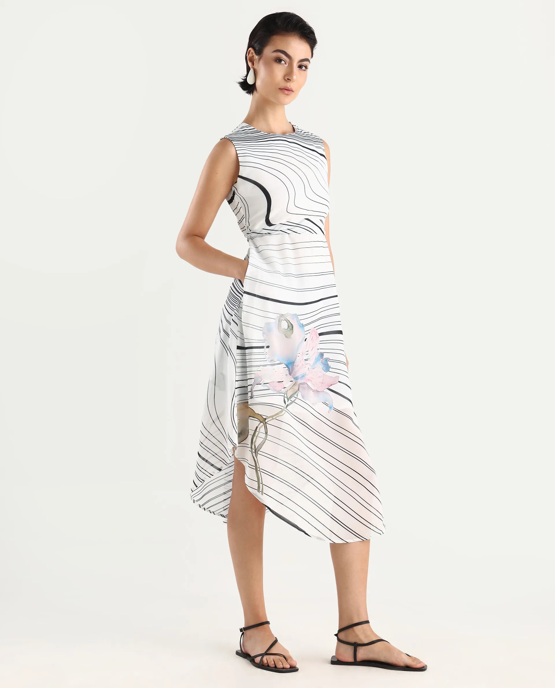 Rareism Women's Kibed Multi Polyester Crew Neck Floral Print Sleeveless Midi Fit And Flare Dress