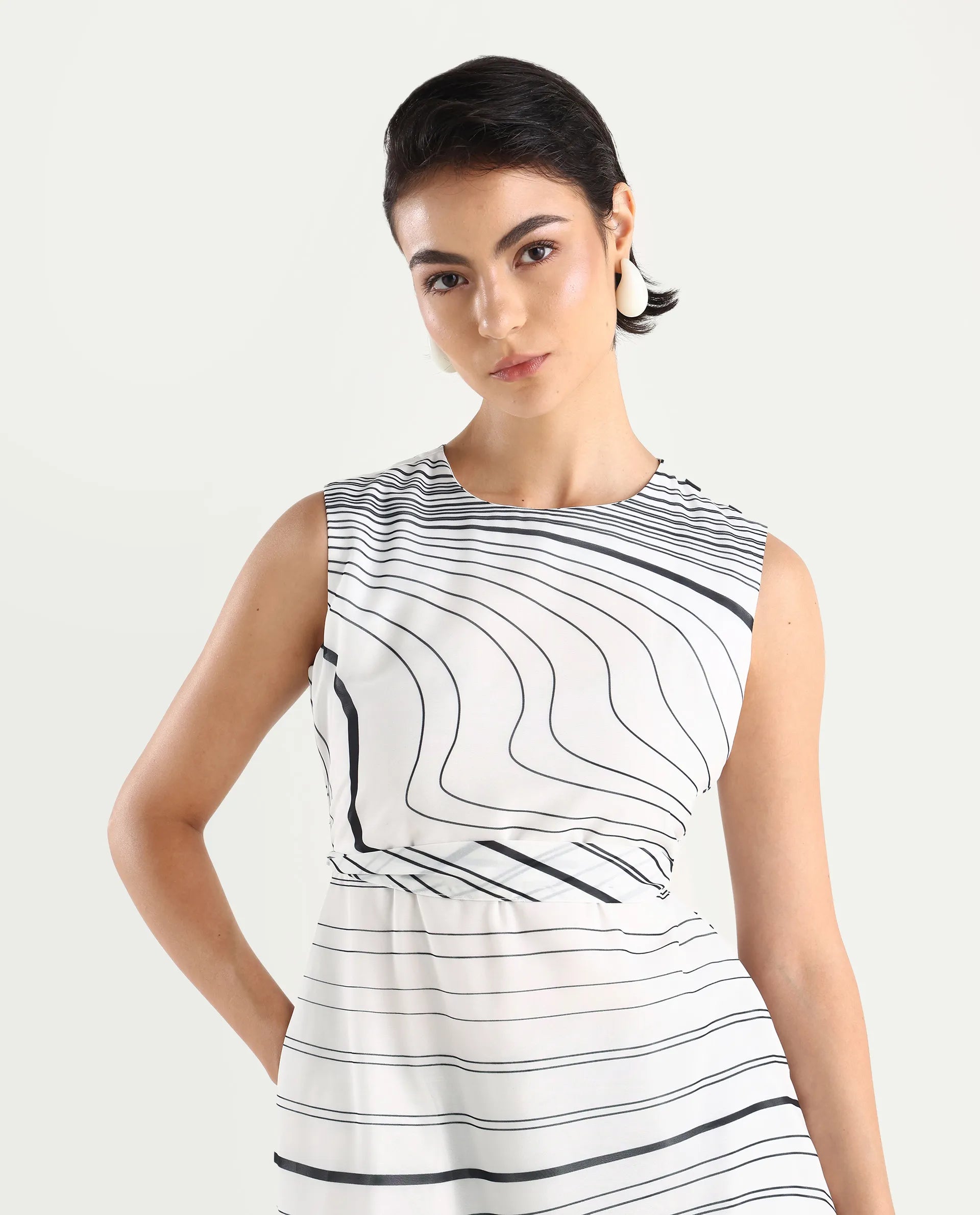 Rareism Women's Kibed Multi Polyester Crew Neck Floral Print Sleeveless Midi Fit And Flare Dress