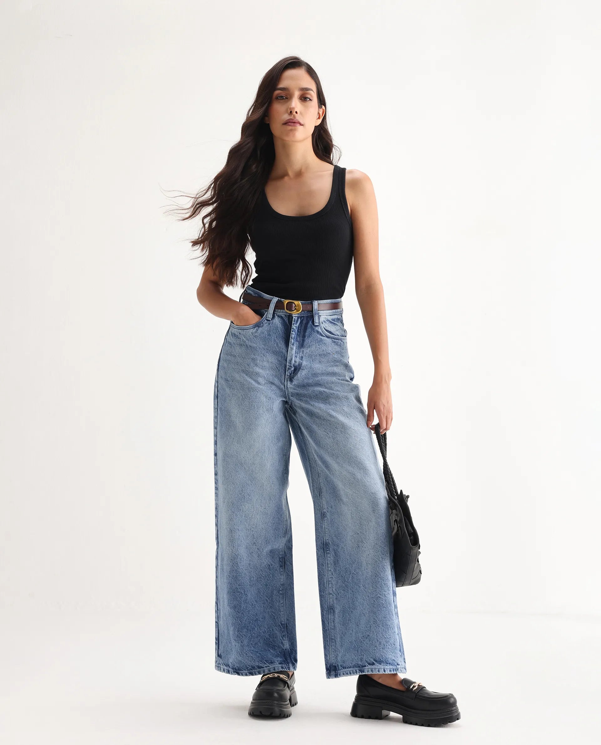 Rareism Women's Kikoa Light Blue Cotton Blend Plain Ankle Length Wide Jeans