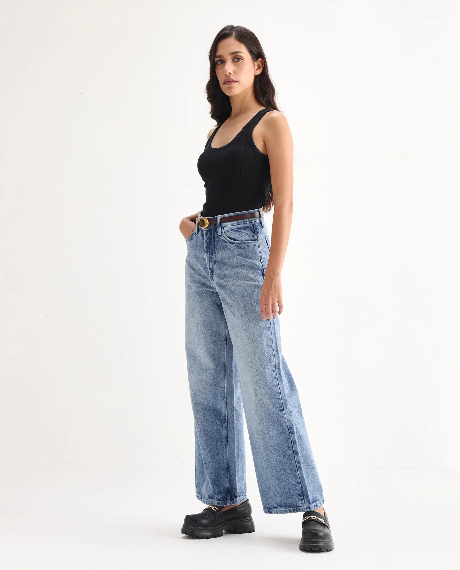 Rareism Women's Kikoa Light Blue Cotton Blend Plain Ankle Length Wide Jeans