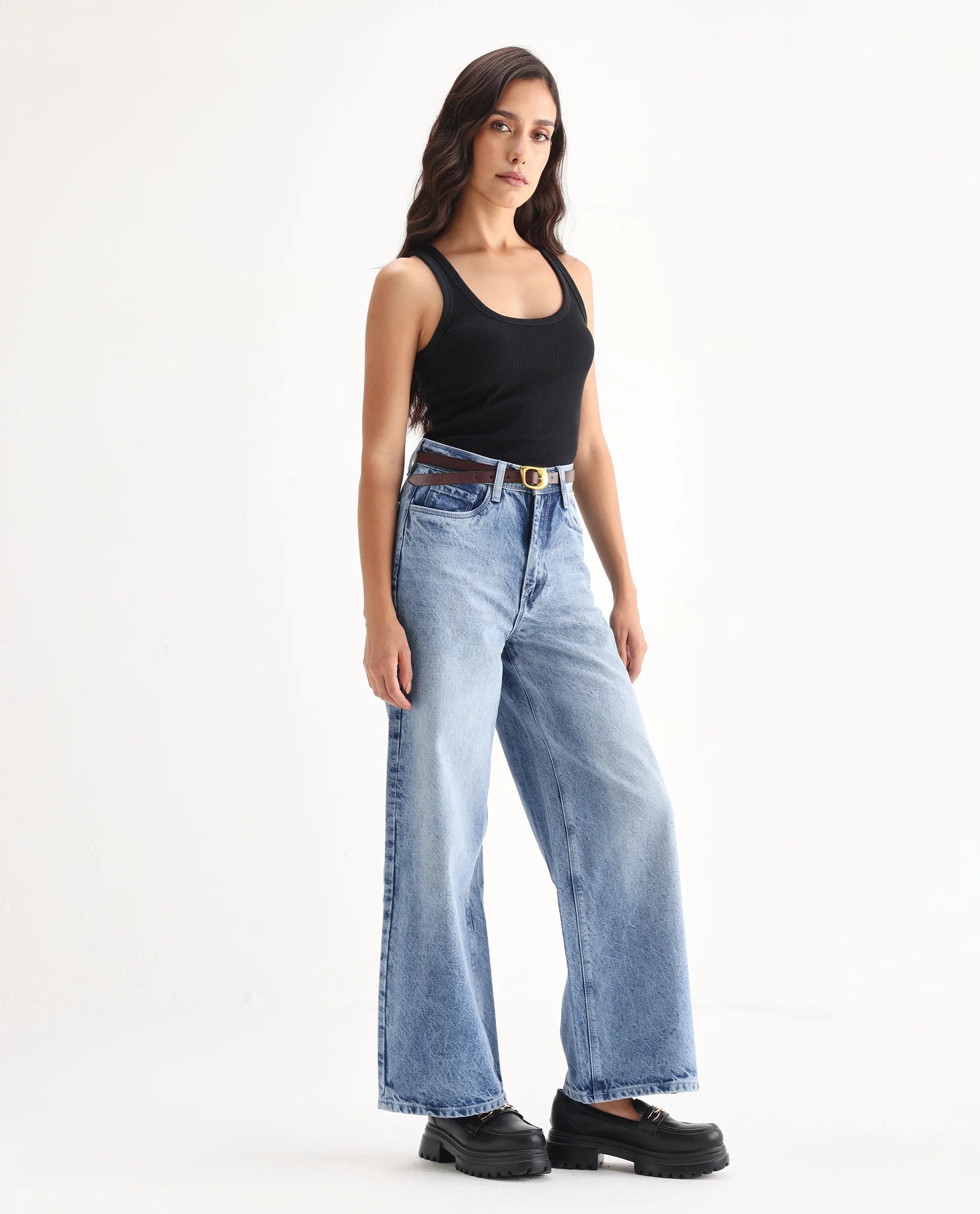 Rareism Women's Kikoa Light Blue Cotton Blend Plain Ankle Length Wide Jeans