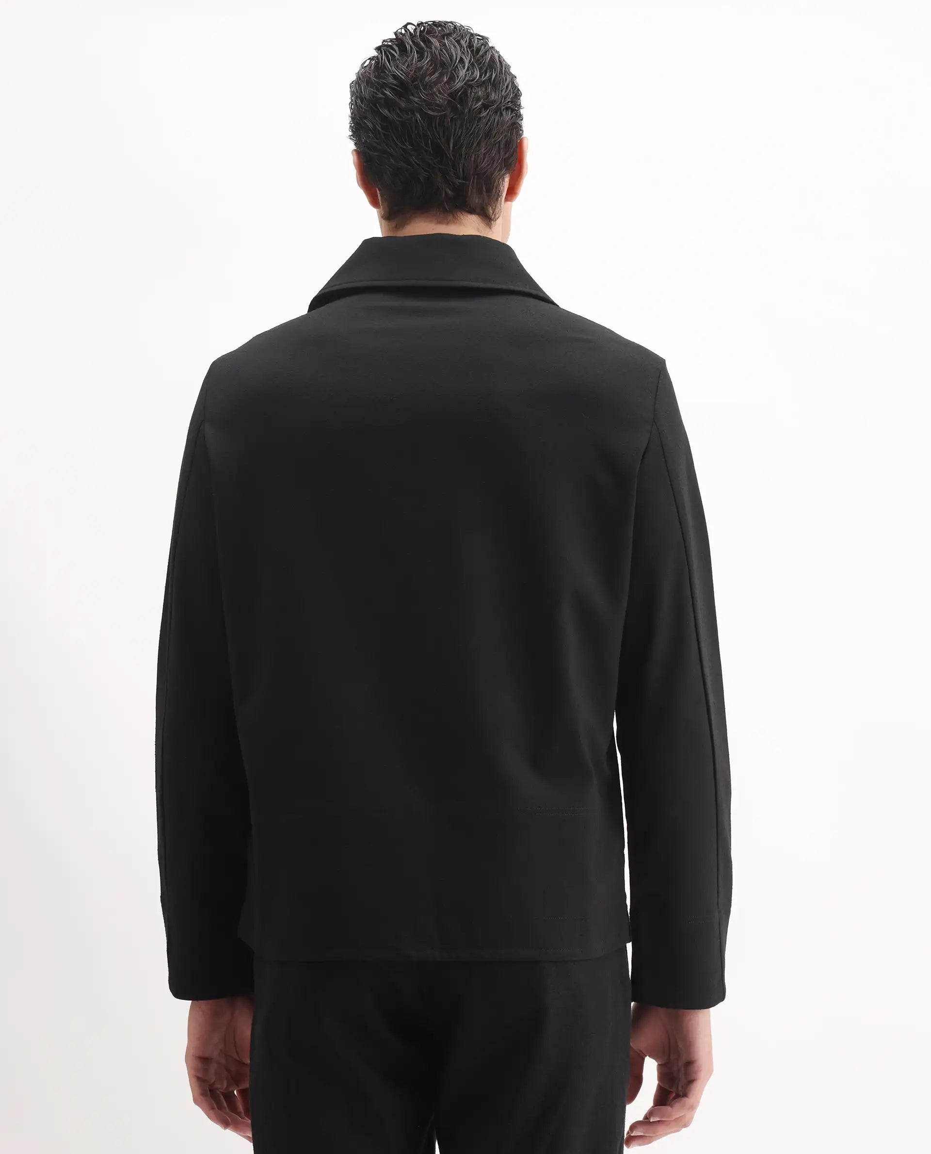 Rare Rabbit Men's Kikos-T Black Polyester Blend Plain Relaxed Fit Full Sleeve Collared Shaket