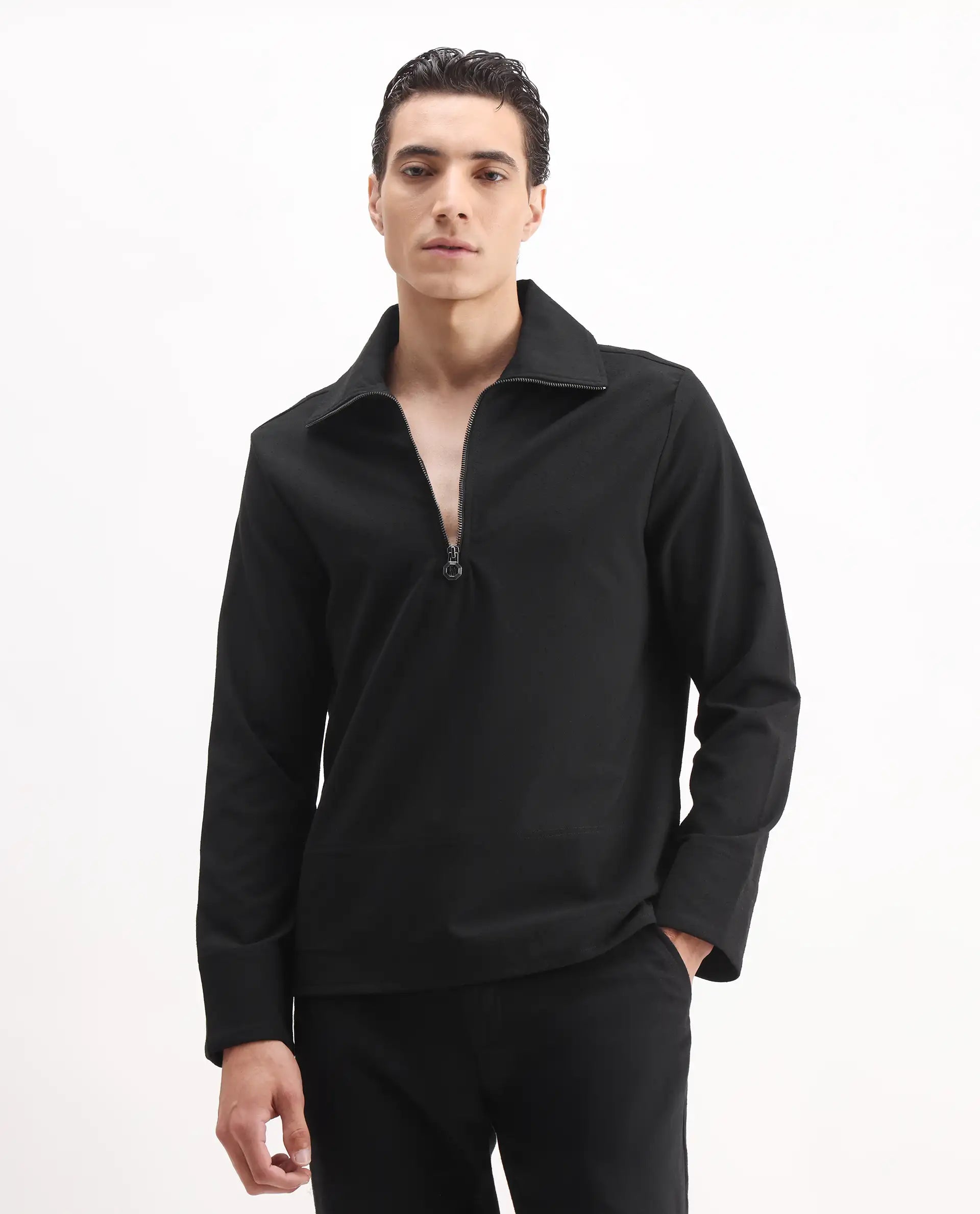 Rare Rabbit Men's Kikos-T Black Polyester Blend Plain Relaxed Fit Full Sleeve Collared Shaket