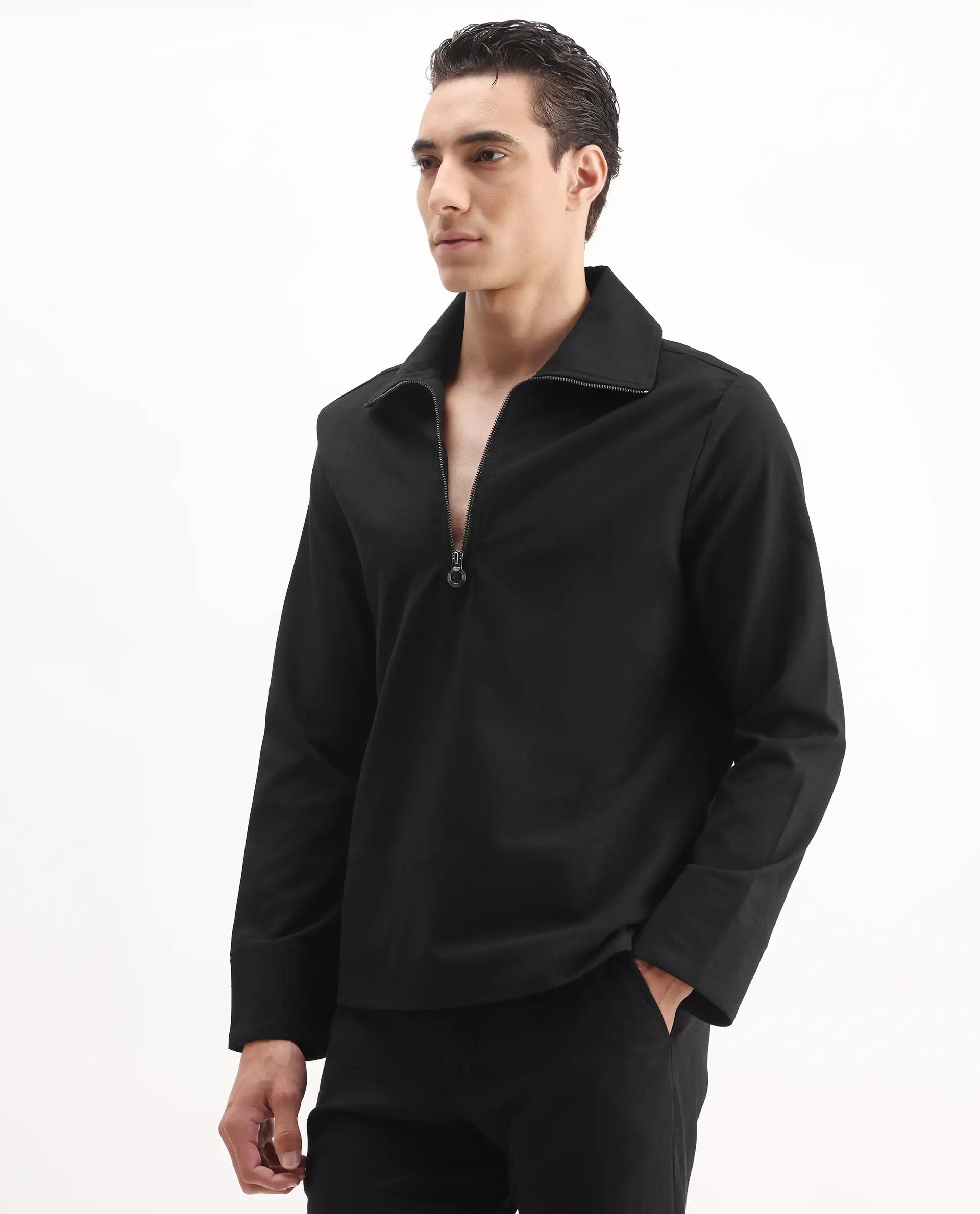 Rare Rabbit Men's Kikos-T Black Polyester Blend Plain Relaxed Fit Full Sleeve Collared Shaket