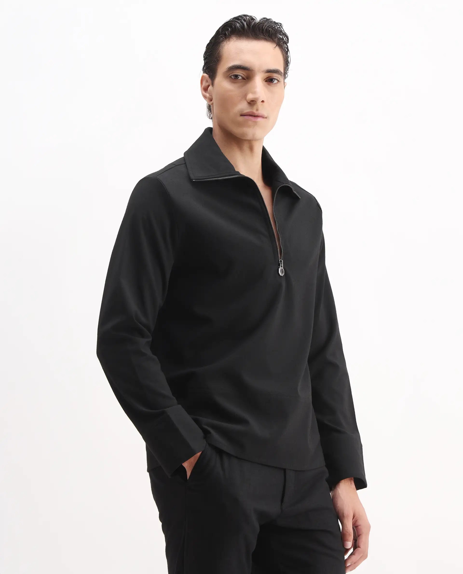 Rare Rabbit Men's Kikos-T Black Polyester Blend Plain Relaxed Fit Full Sleeve Collared Shaket