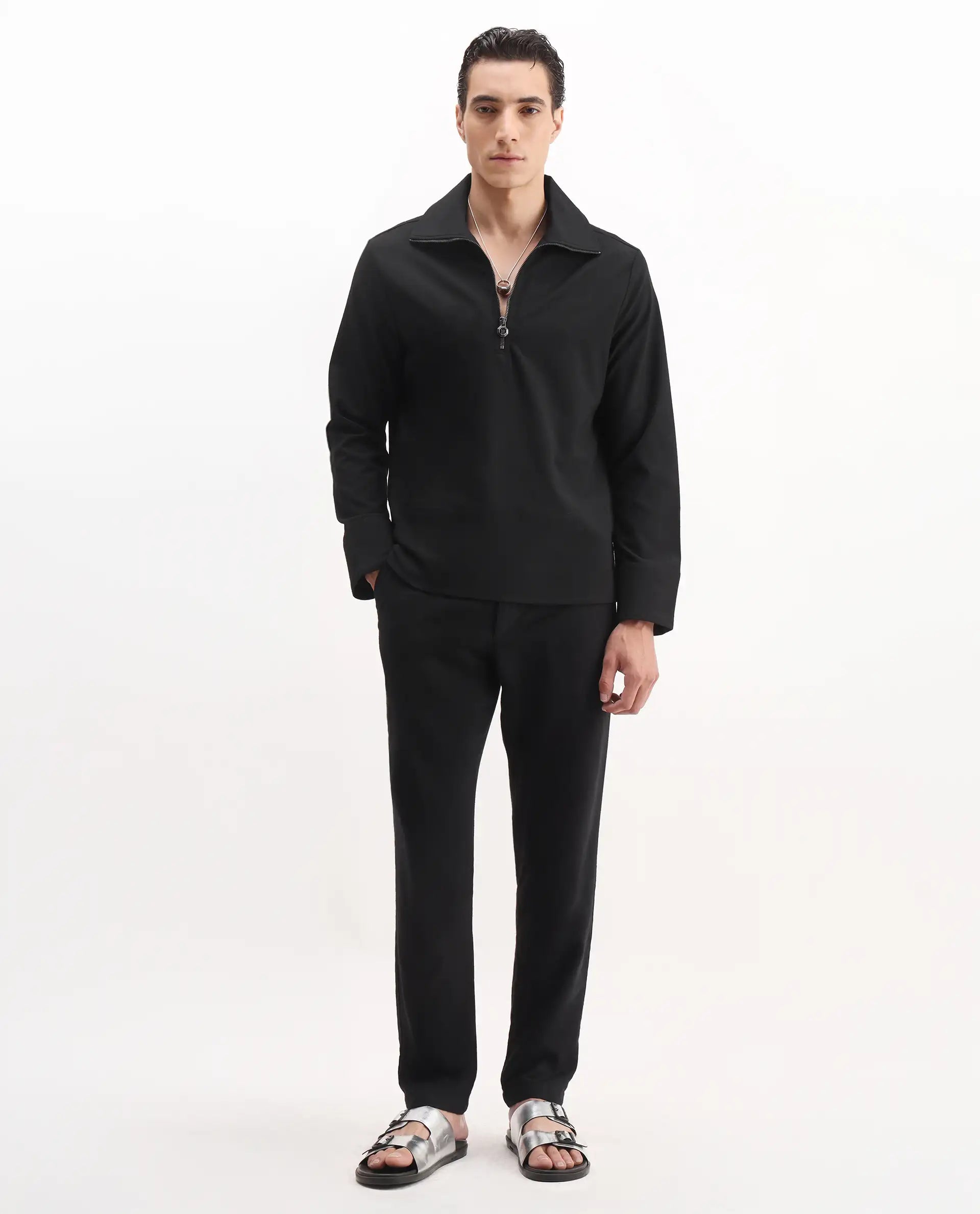 Rare Rabbit Men's Kikos-T Black Polyester Blend Plain Relaxed Fit Full Sleeve Collared Shaket