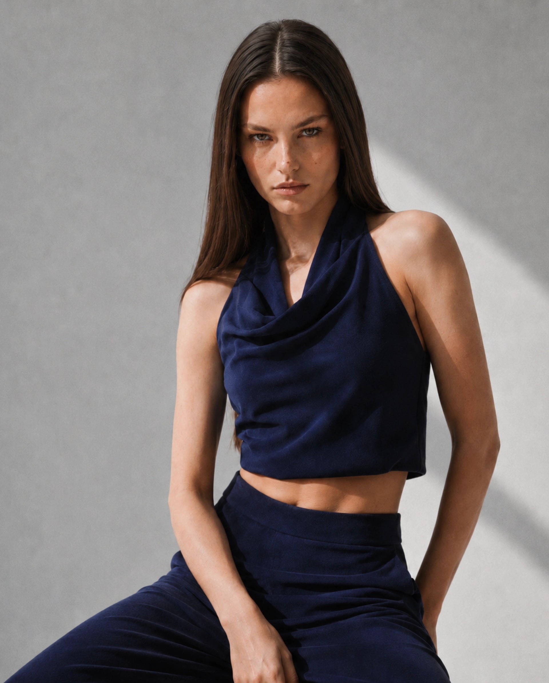 Rareism Women's Kimo-T Navy Nylon Blend Fabric Halter Neck Regular Plain Top