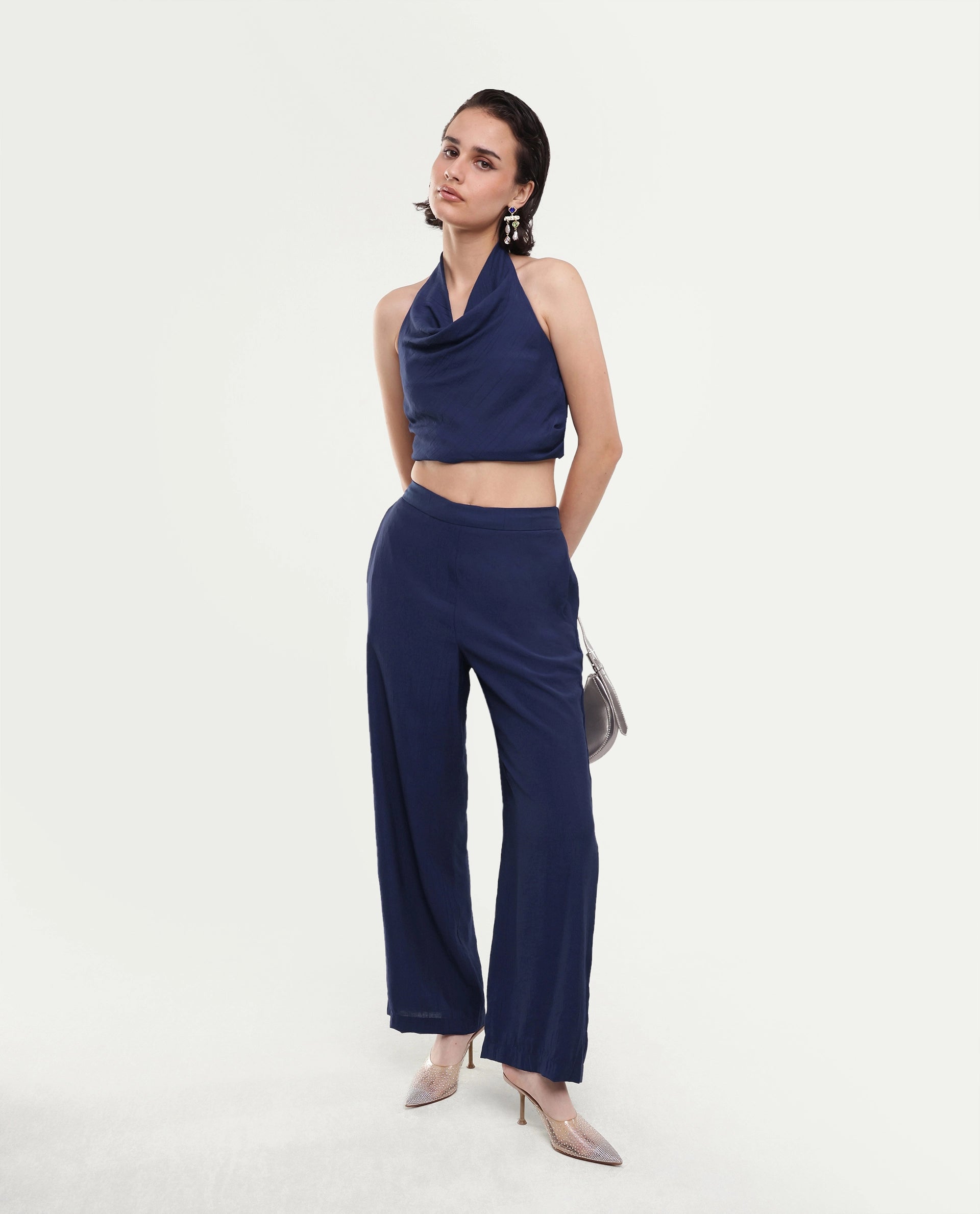 Rareism Women's Kimo-B Navy Nylon Blend Fabric Regular Plain Trouser