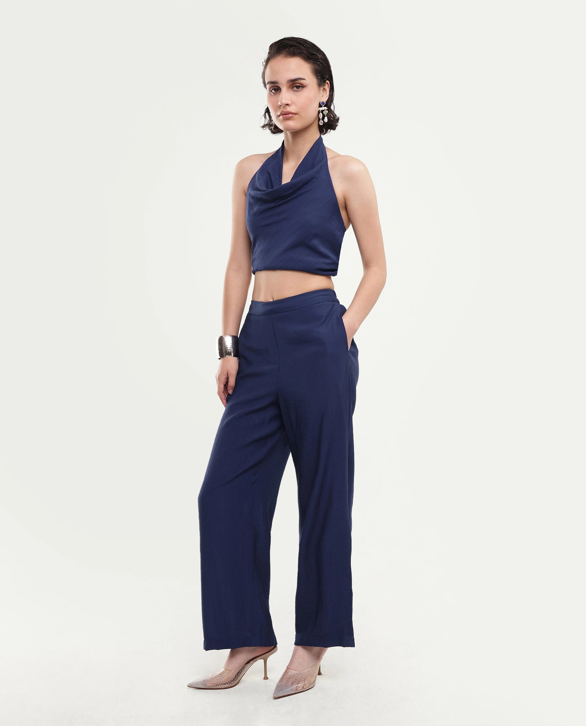 Rareism Women's Kimo-B Navy Nylon Blend Fabric Regular Plain Trouser