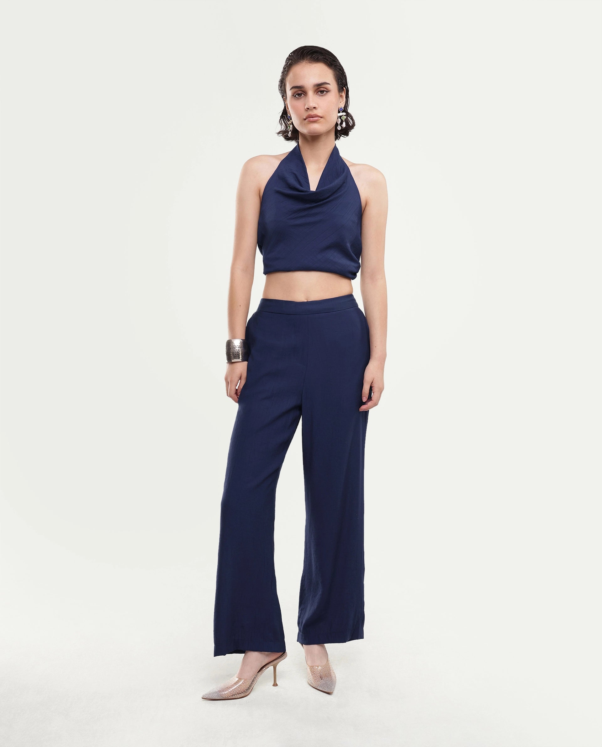 Rareism Women's Kimo-B Navy Nylon Blend Fabric Regular Plain Trouser