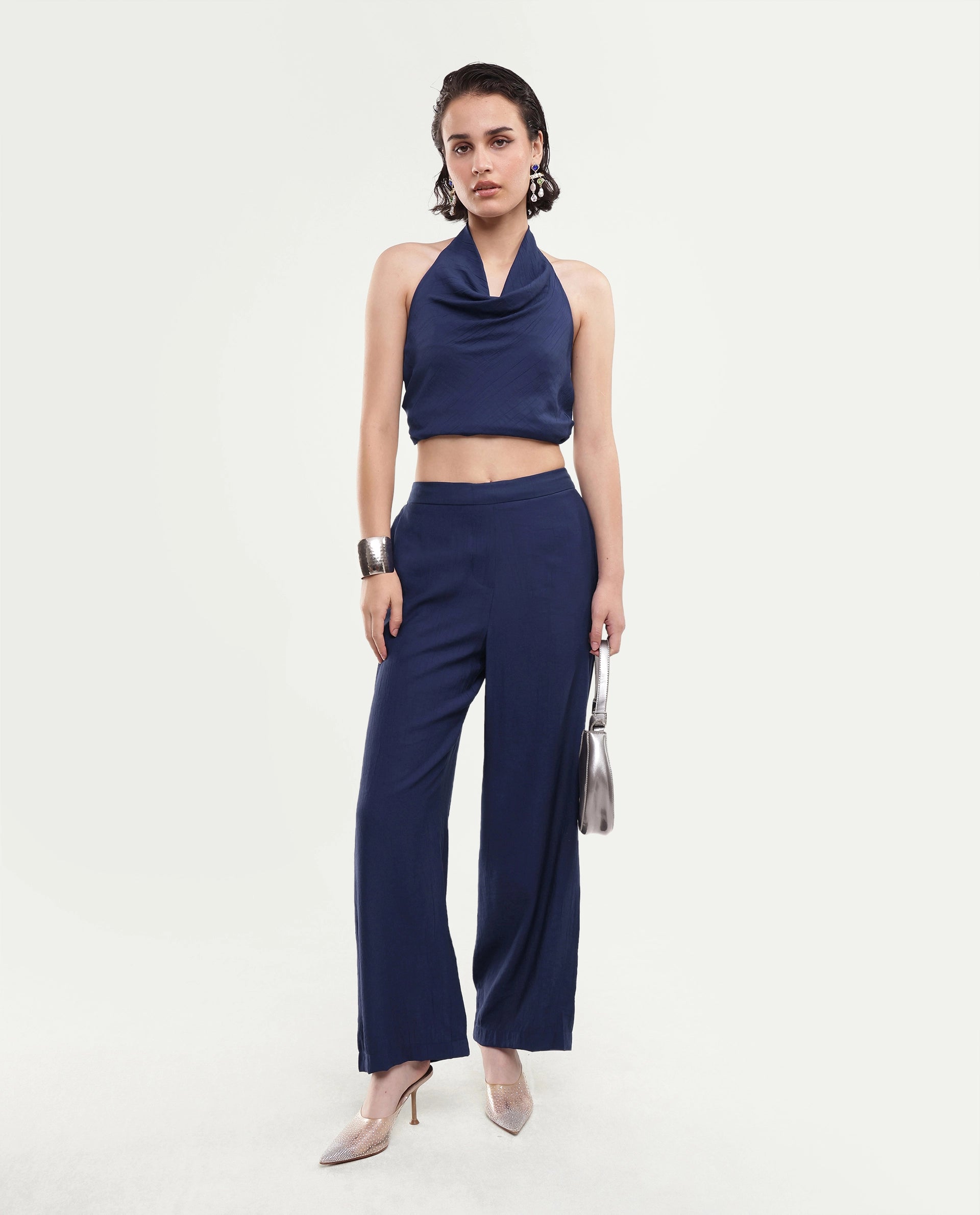 Rareism Women's Kimo-B Navy Nylon Blend Fabric Regular Plain Trouser