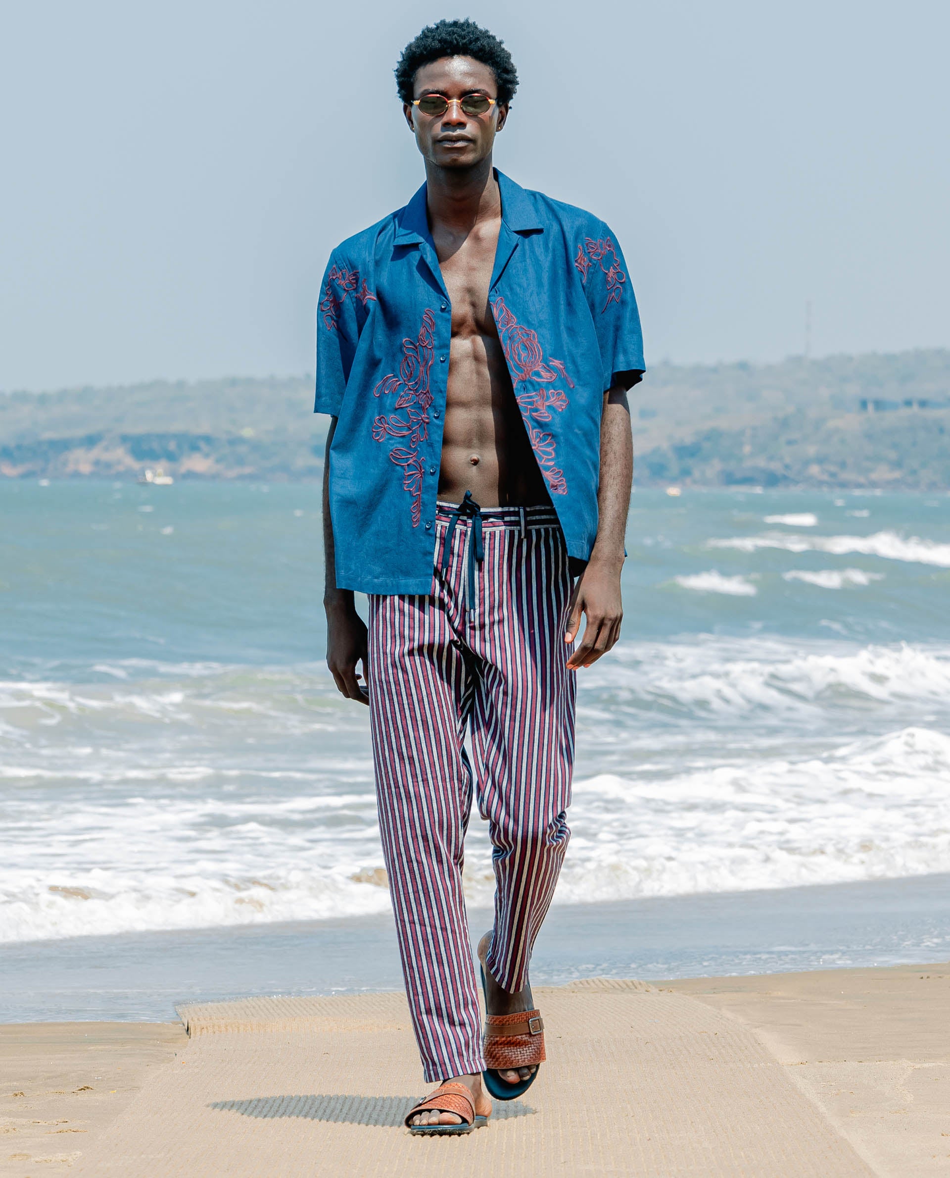 Rare Rabbit Mens Kimo Maroon Cotton Linen Blend Regular Fit Stripe Trouser