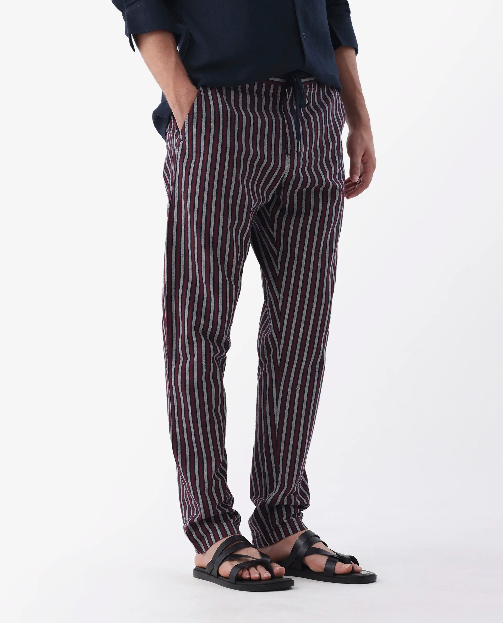 Rare Rabbit Men's Kimo Maroon Linen Blend Striped Print Regular Fit Trouser