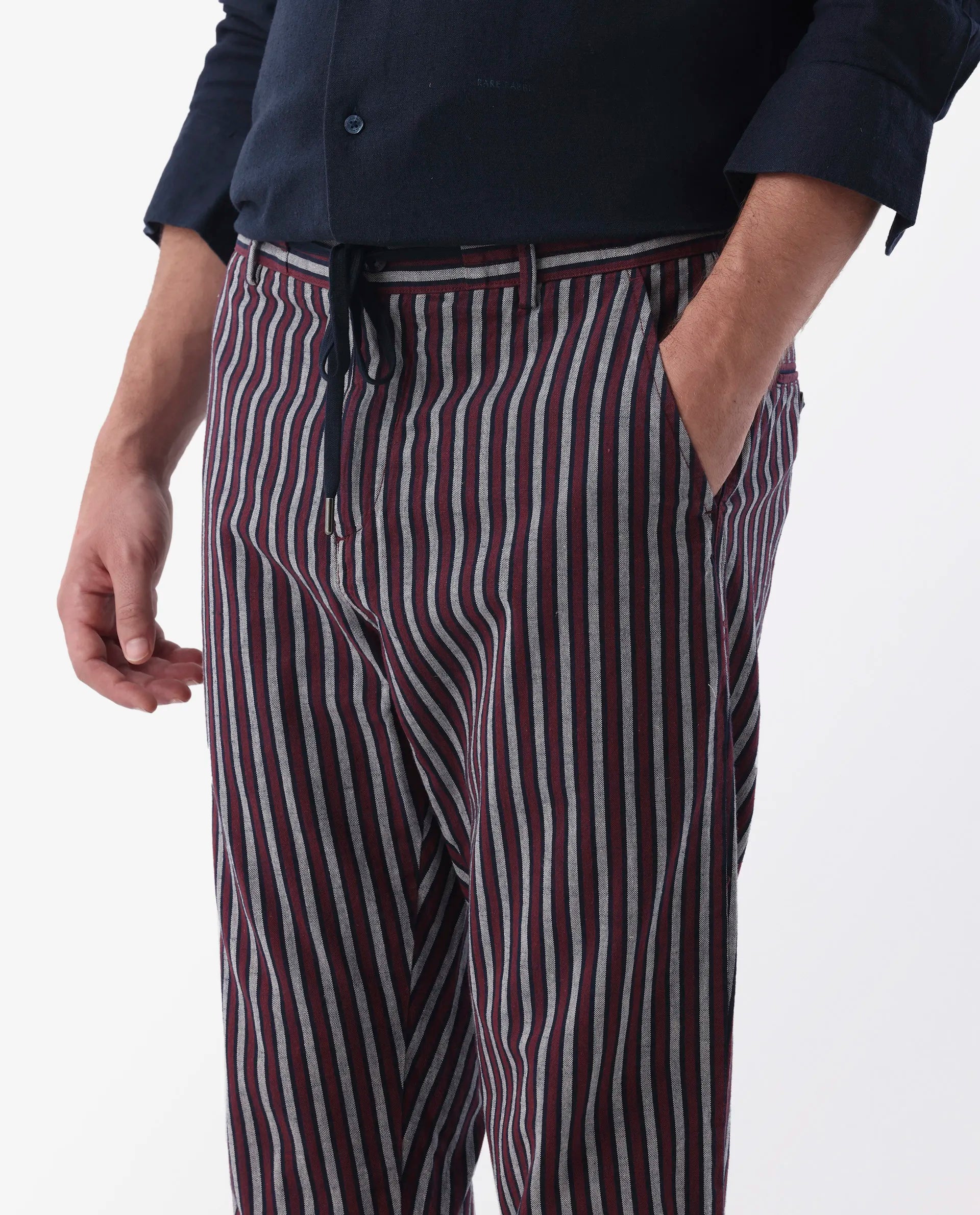 Rare Rabbit Men's Kimo Maroon Linen Blend Striped Print Regular Fit Trouser