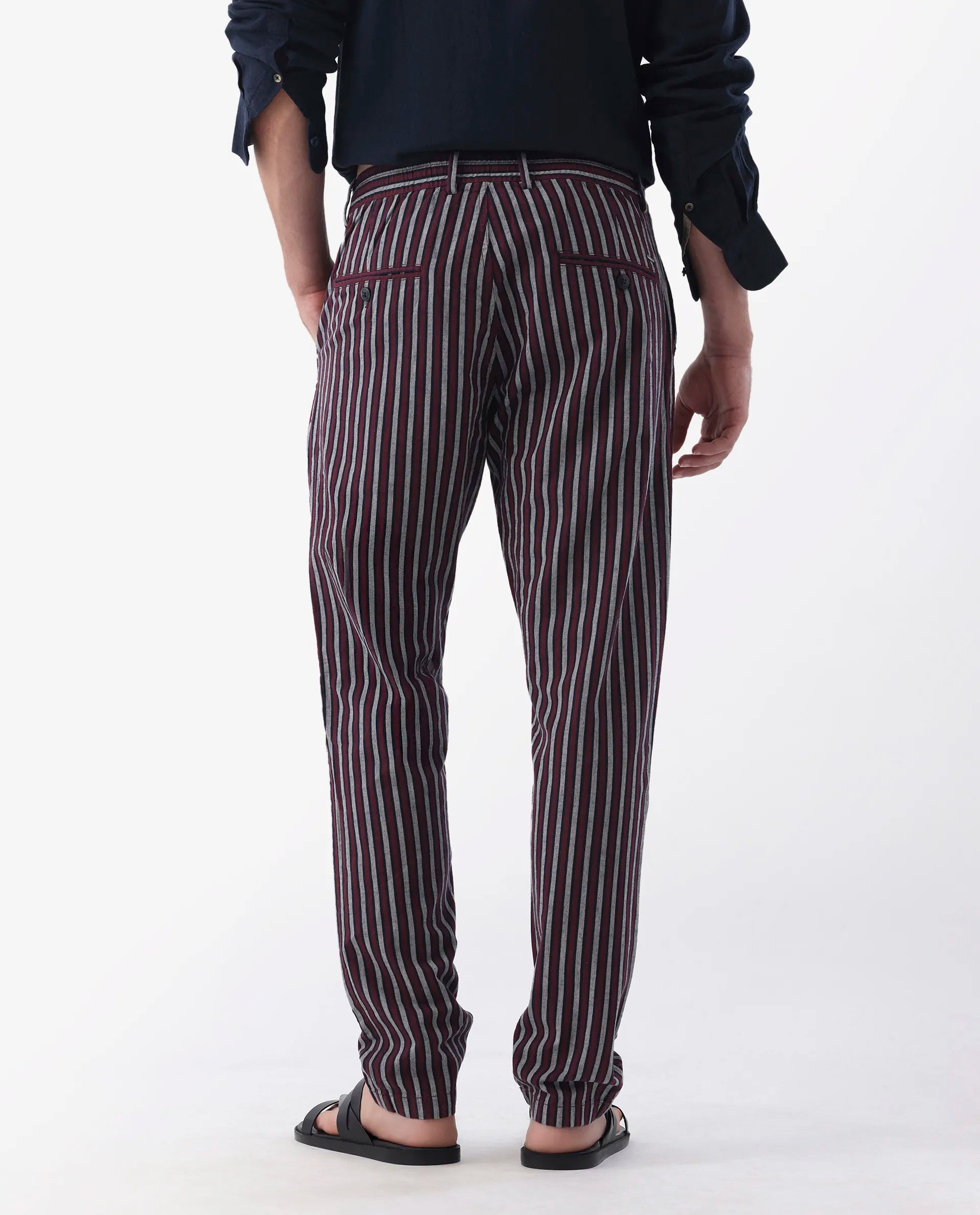 Rare Rabbit Men's Kimo Maroon Linen Blend Striped Print Regular Fit Trouser