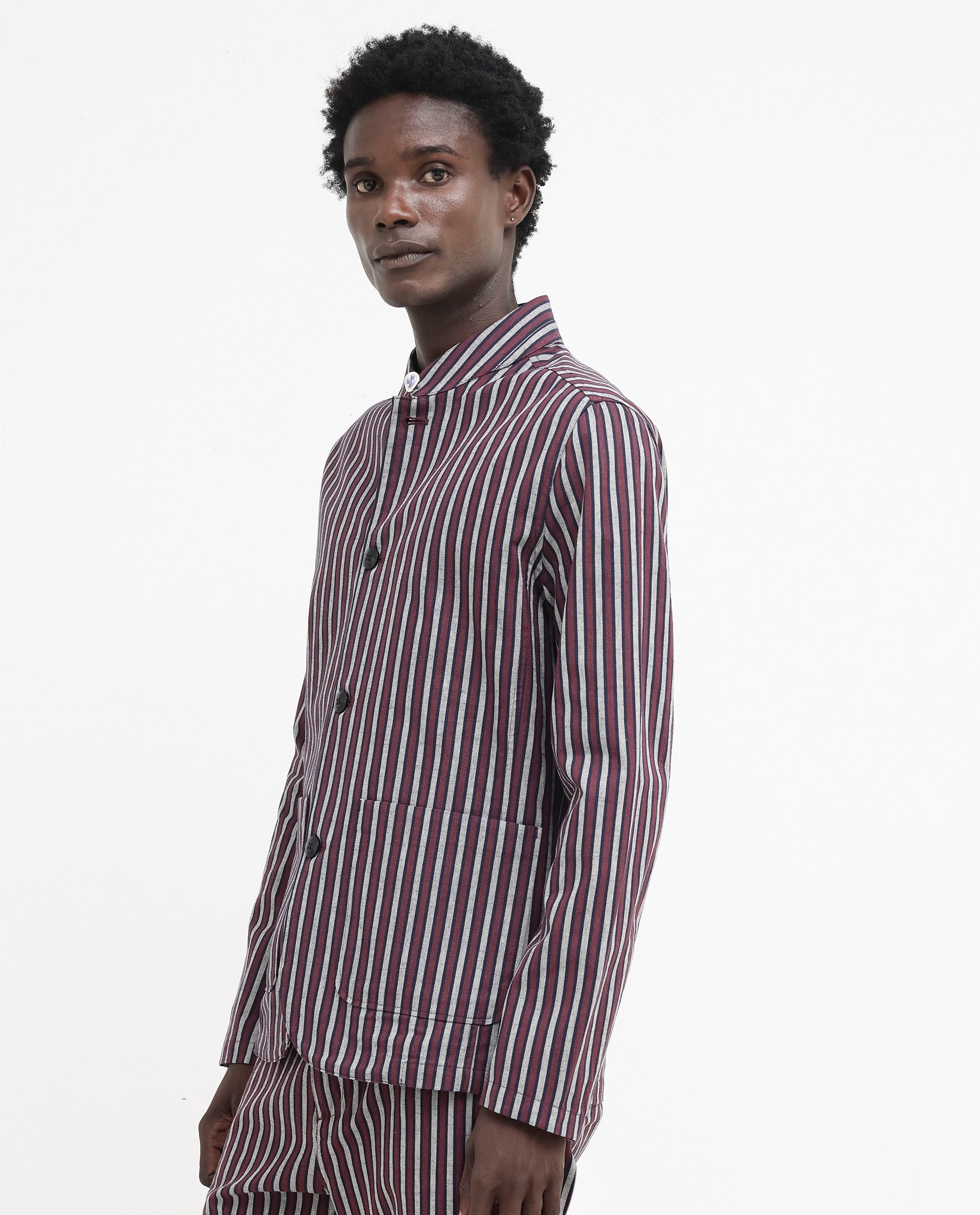 Rare Rabbit Mens Kimon Maroon Cotton Linen Fabric Full Sleeve Mandarin Collar Stripe Jacket