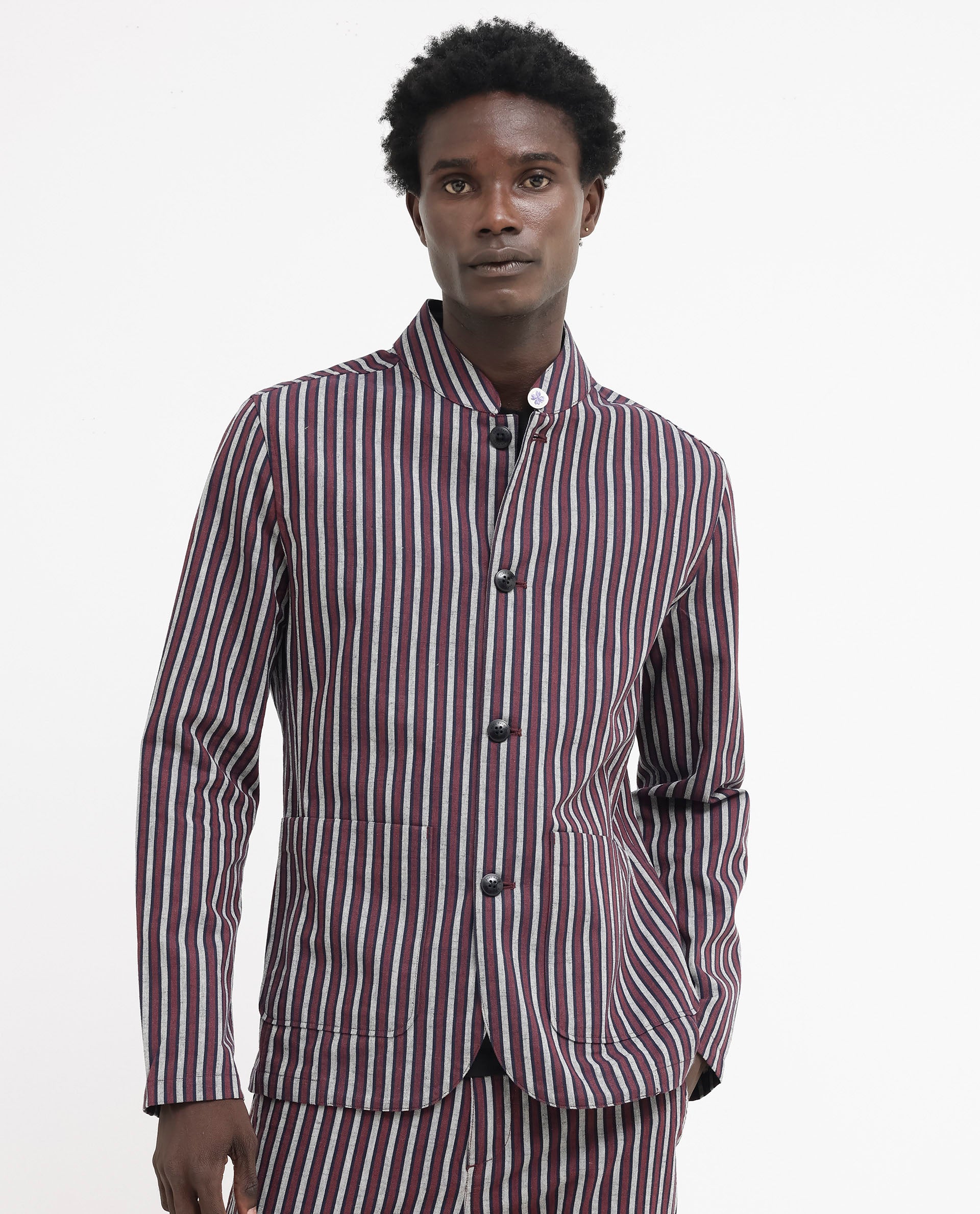 Rare Rabbit Mens Kimon Maroon Cotton Linen Fabric Full Sleeve Mandarin Collar Stripe Jacket