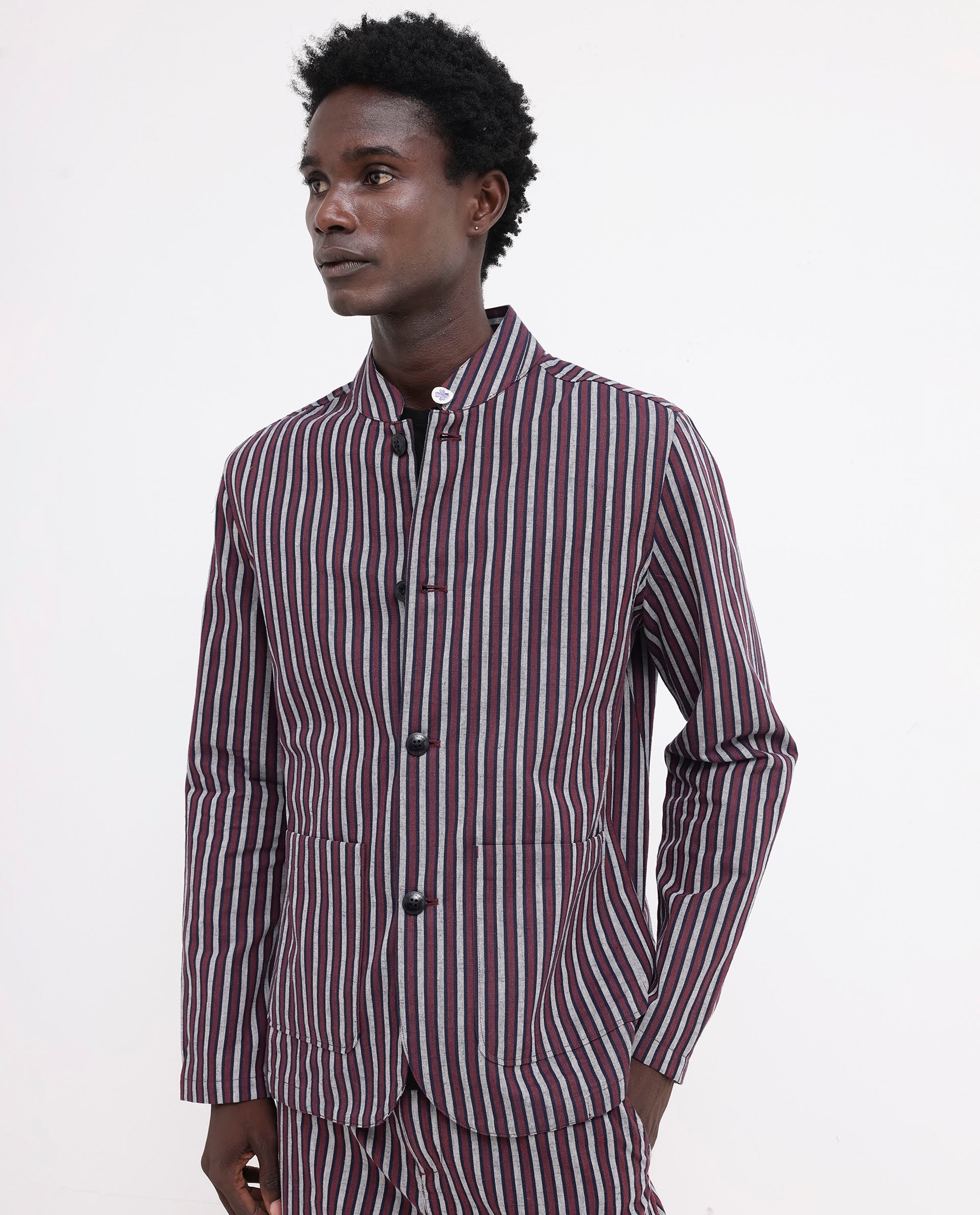 Rare Rabbit Mens Kimon Maroon Cotton Linen Fabric Full Sleeve Mandarin Collar Stripe Jacket