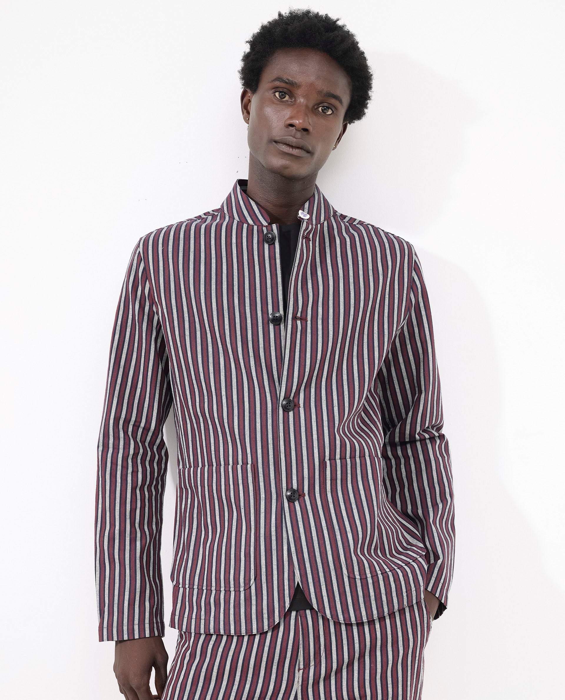 Rare Rabbit Mens Kimon Maroon Cotton Linen Fabric Full Sleeve Mandarin Collar Stripe Jacket