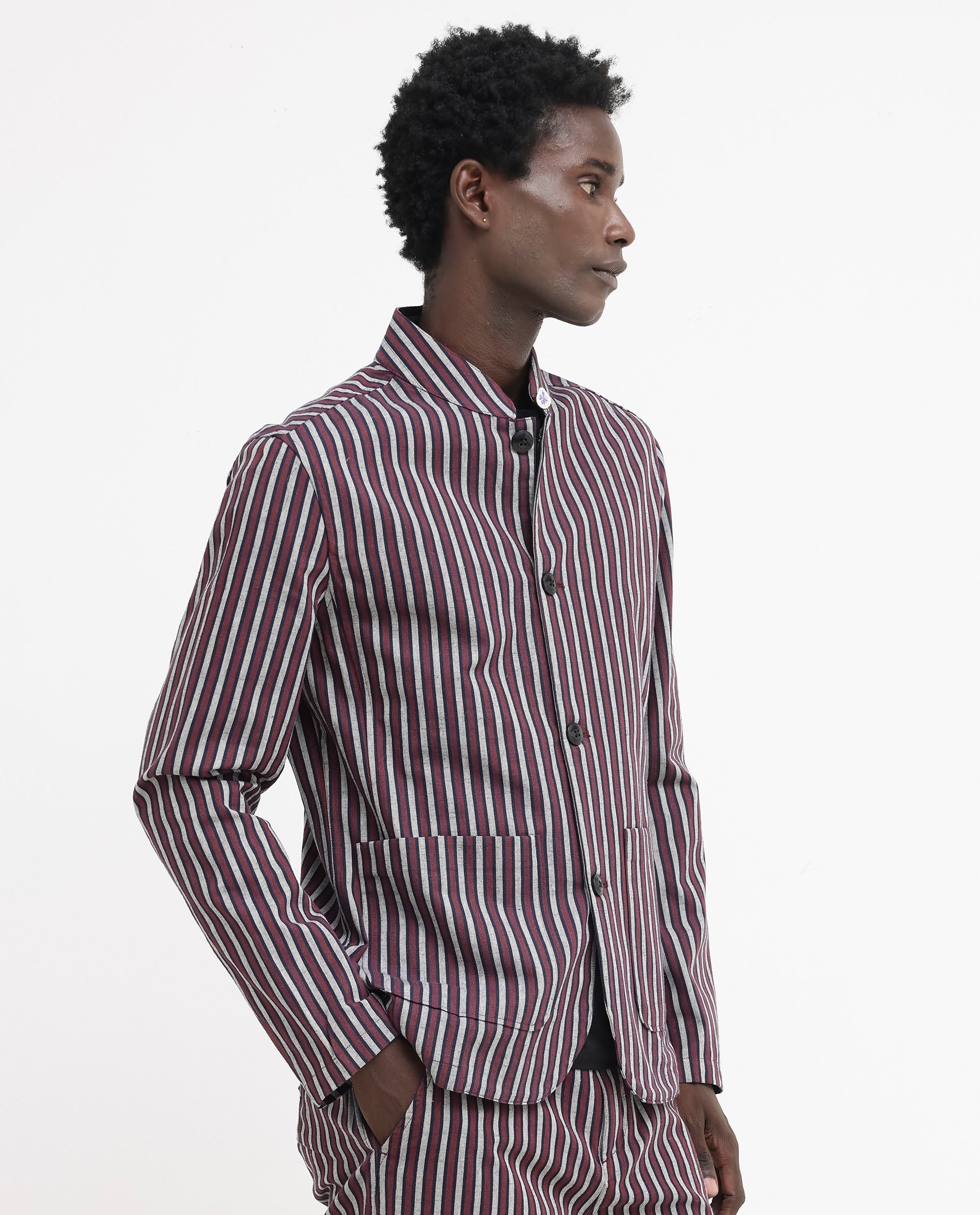 Rare Rabbit Mens Kimon Maroon Cotton Linen Fabric Full Sleeve Mandarin Collar Stripe Jacket