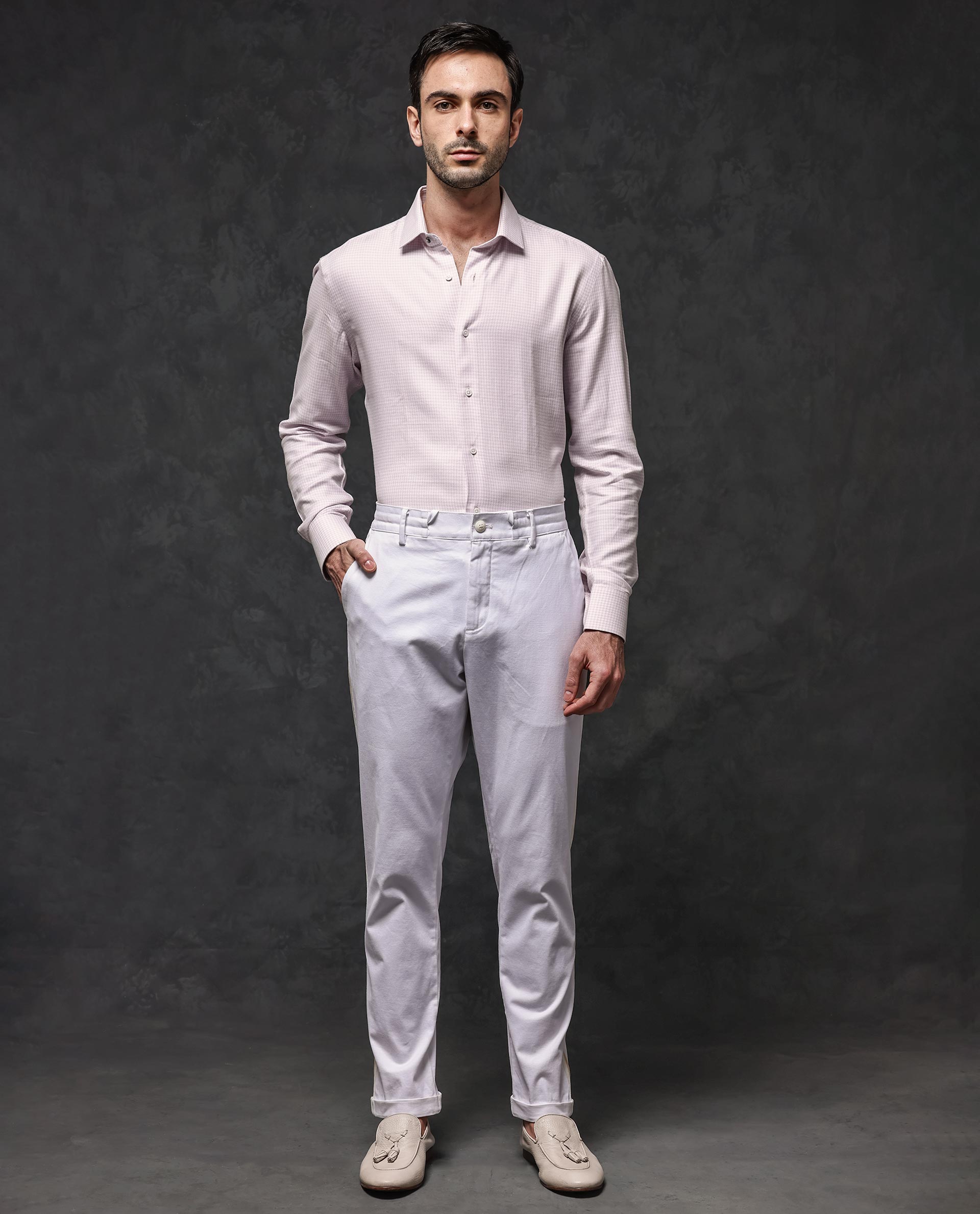 Rare Rabbit Mens Kinate Pastel Pink Full Sleeve Solid Houndstooth Check Shirt