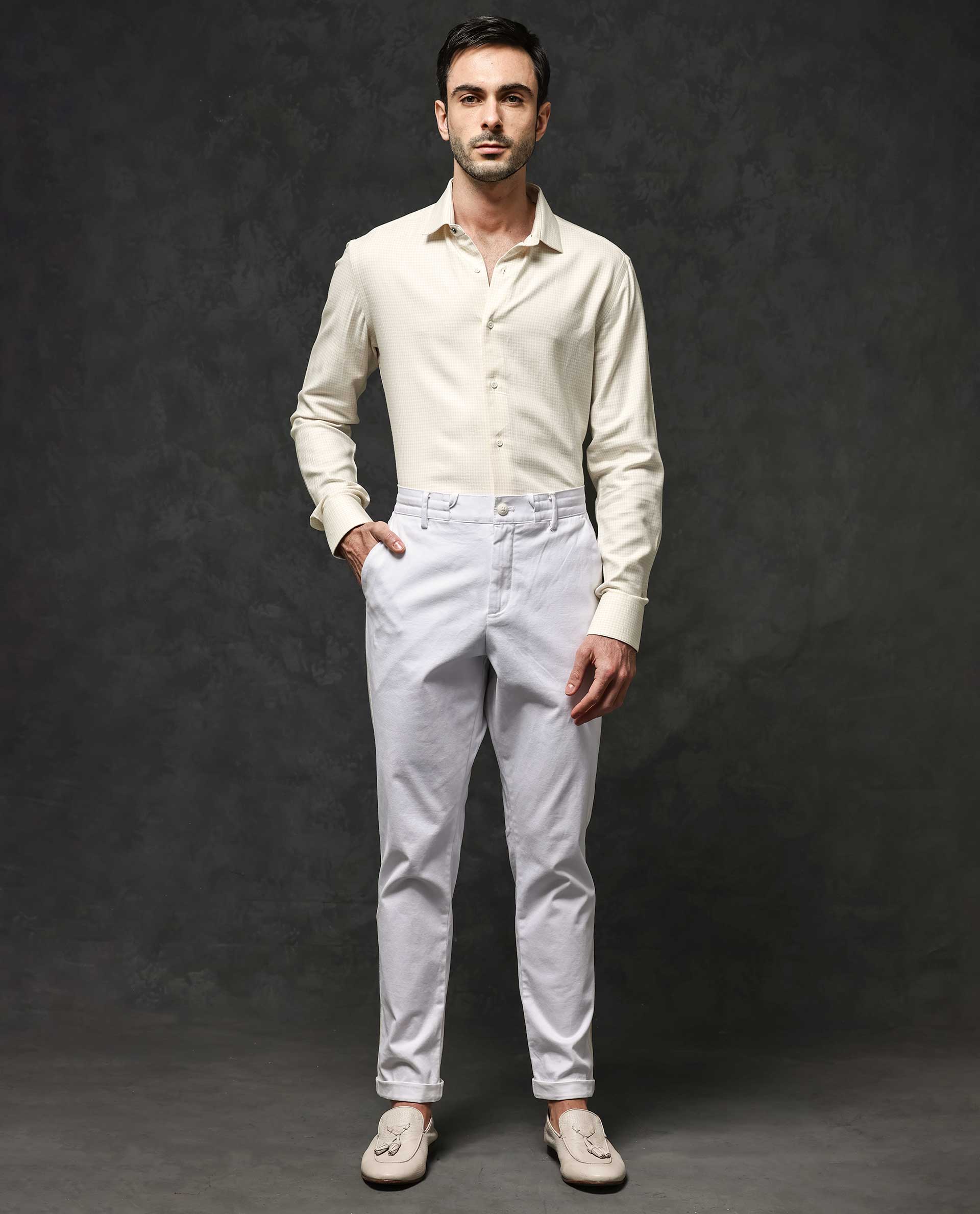 Rare Rabbit Mens Kinate Pastel Yellow Full Sleeve Solid Houndstooth Check Shirt