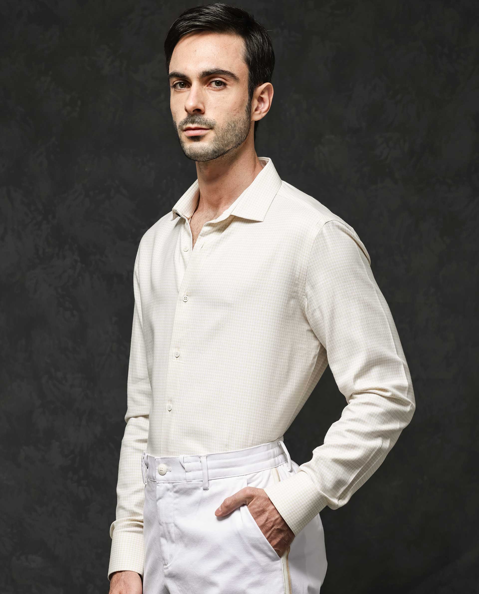 Rare Rabbit Mens Kinate Pastel Yellow Full Sleeve Solid Houndstooth Check Shirt