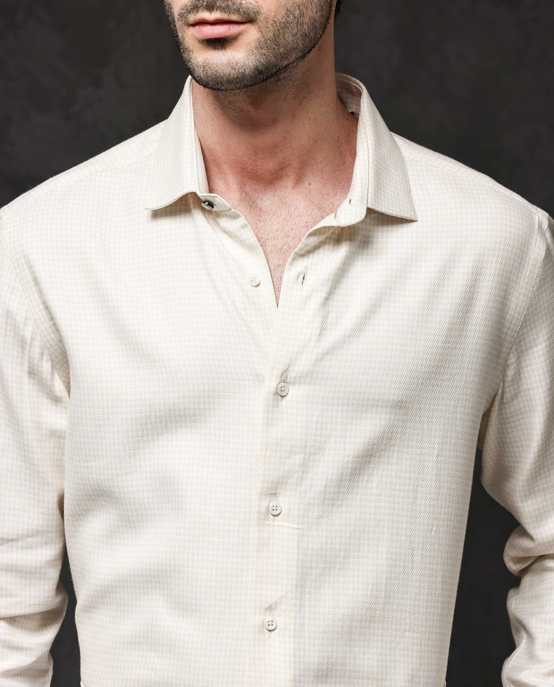 Rare Rabbit Mens Kinate Pastel Yellow Full Sleeve Solid Houndstooth Check Shirt