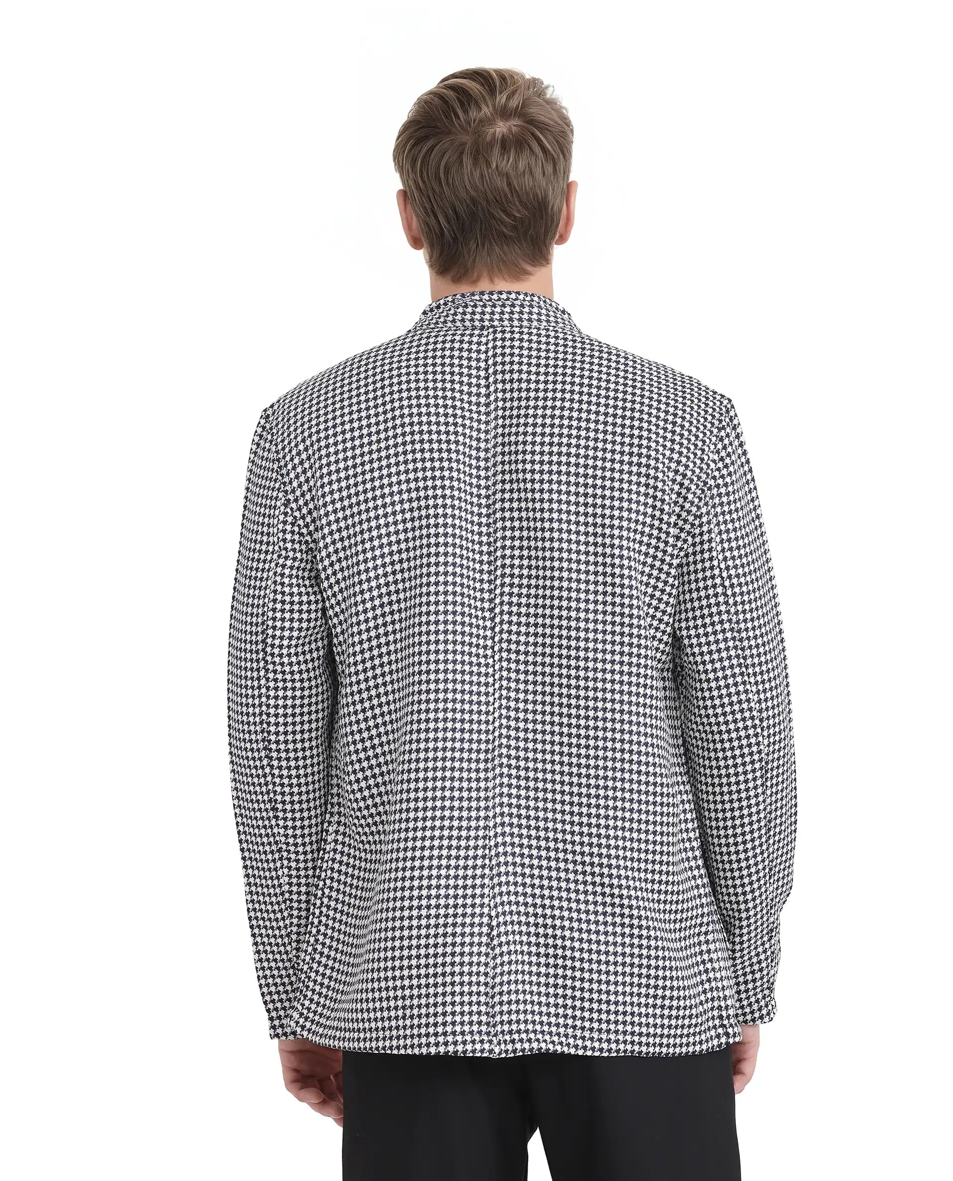 Rare Rabbit Men Kinghound Navy Polyester Fabric Mandarin Collar Button Closure Regular Fit Houndstooth Jacket