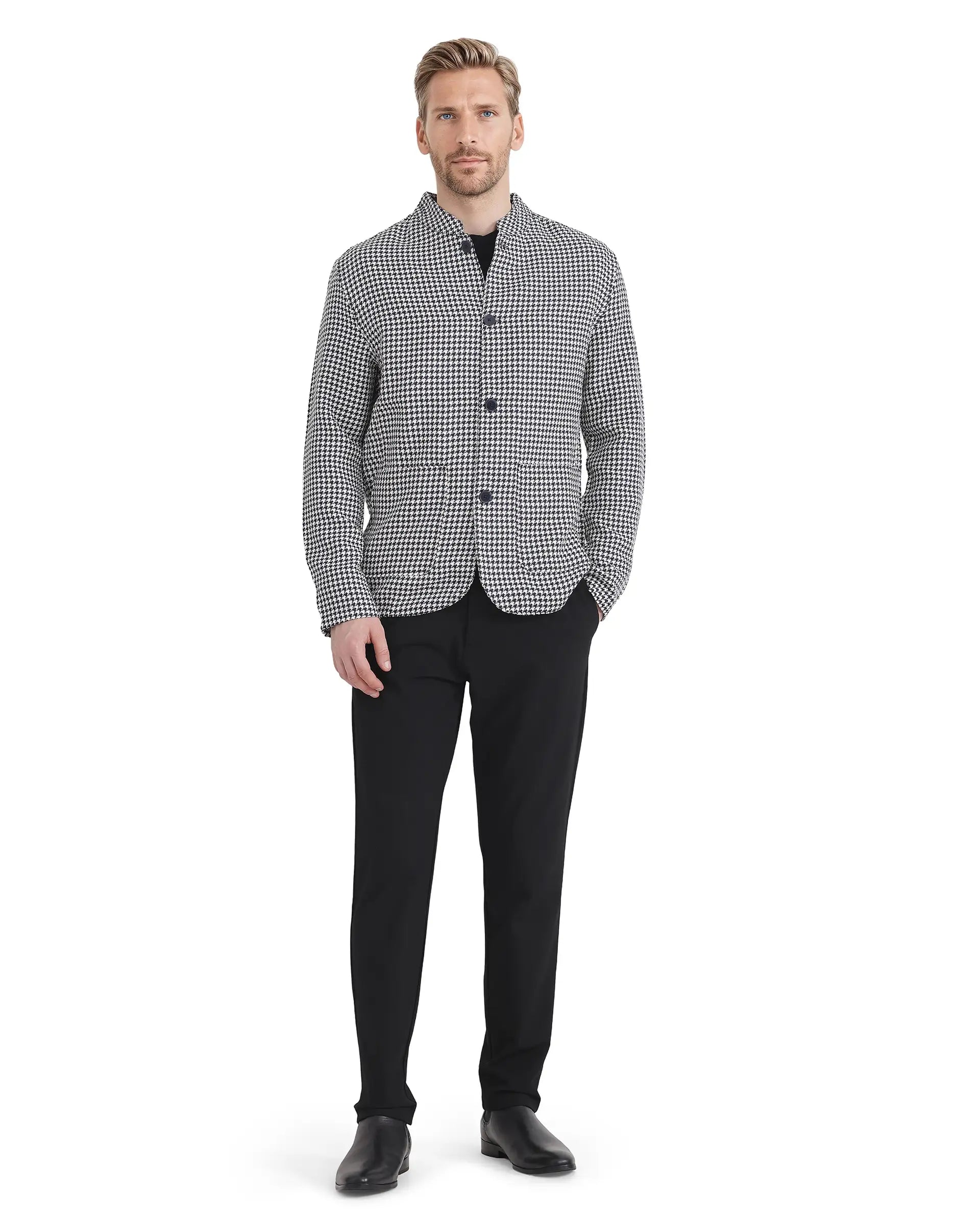 Rare Rabbit Men Kinghound Navy Polyester Fabric Mandarin Collar Button Closure Regular Fit Houndstooth Jacket