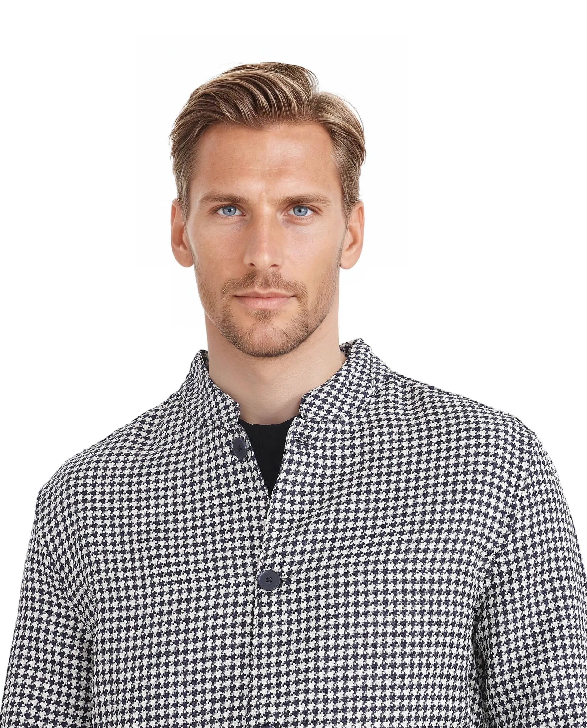 Rare Rabbit Men Kinghound Navy Polyester Fabric Mandarin Collar Button Closure Regular Fit Houndstooth Jacket