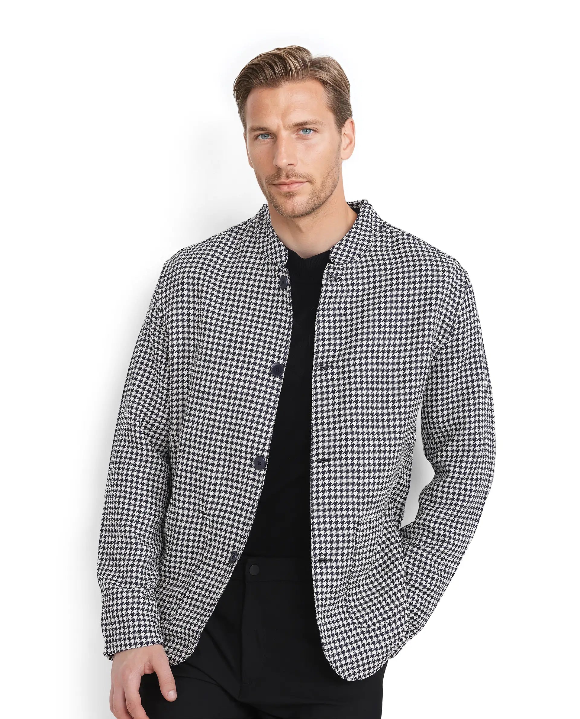 Rare Rabbit Men Kinghound Navy Polyester Fabric Mandarin Collar Button Closure Regular Fit Houndstooth Jacket