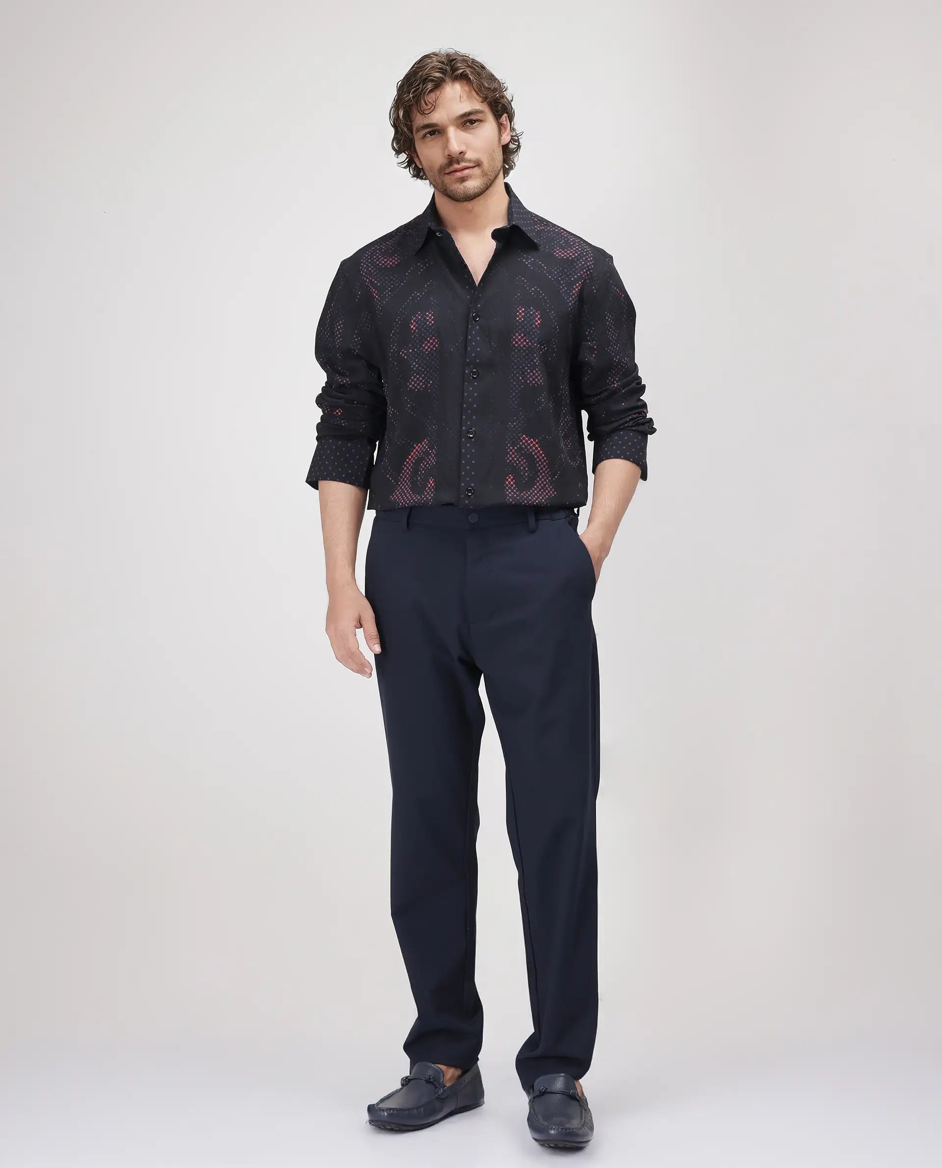 Rare Rabbit Men's Kini Black Viscose Decorative Print Relaxed Fit Full Sleeve Collared Shirt