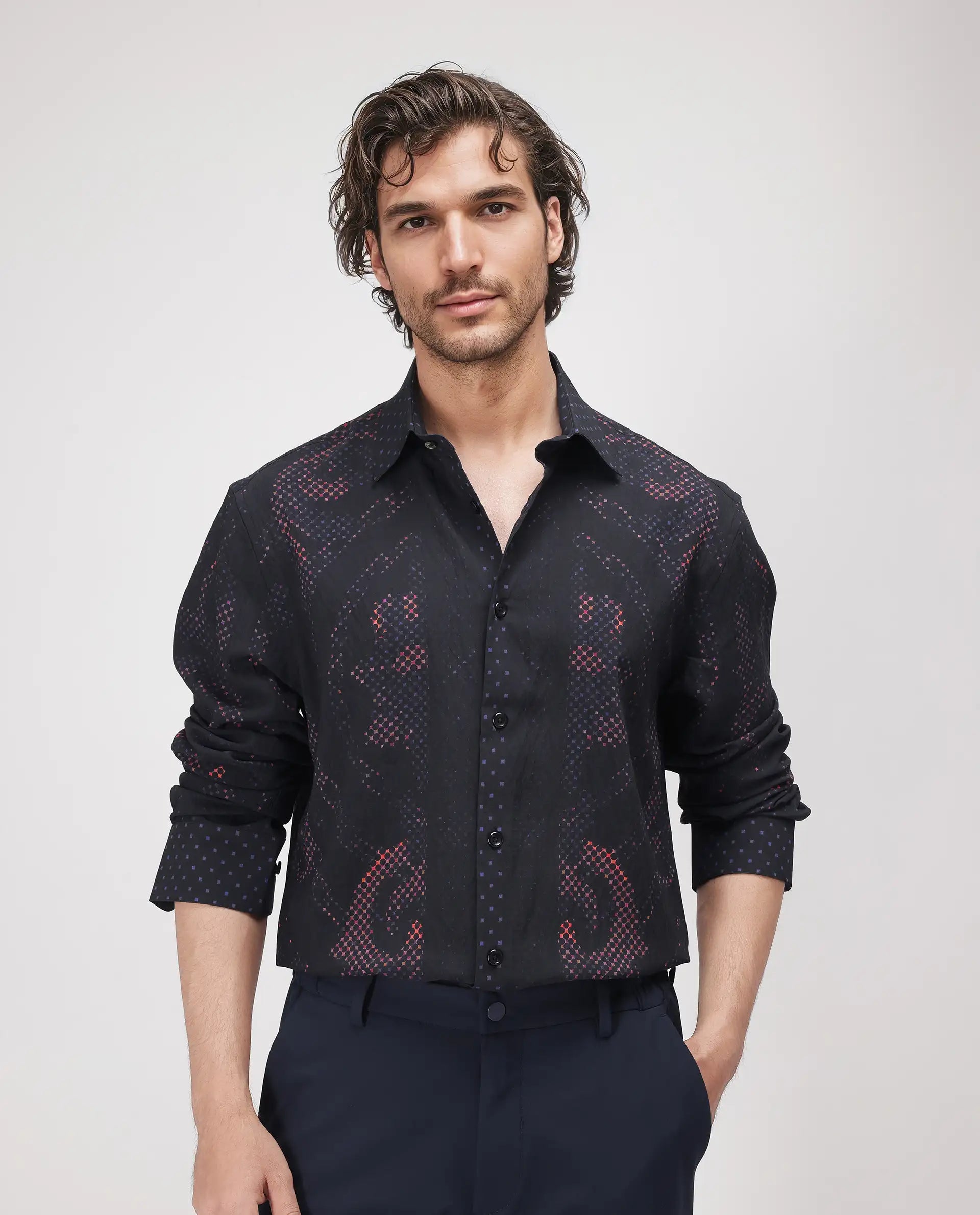 Rare Rabbit Men's Kini Black Viscose Decorative Print Relaxed Fit Full Sleeve Collared Shirt