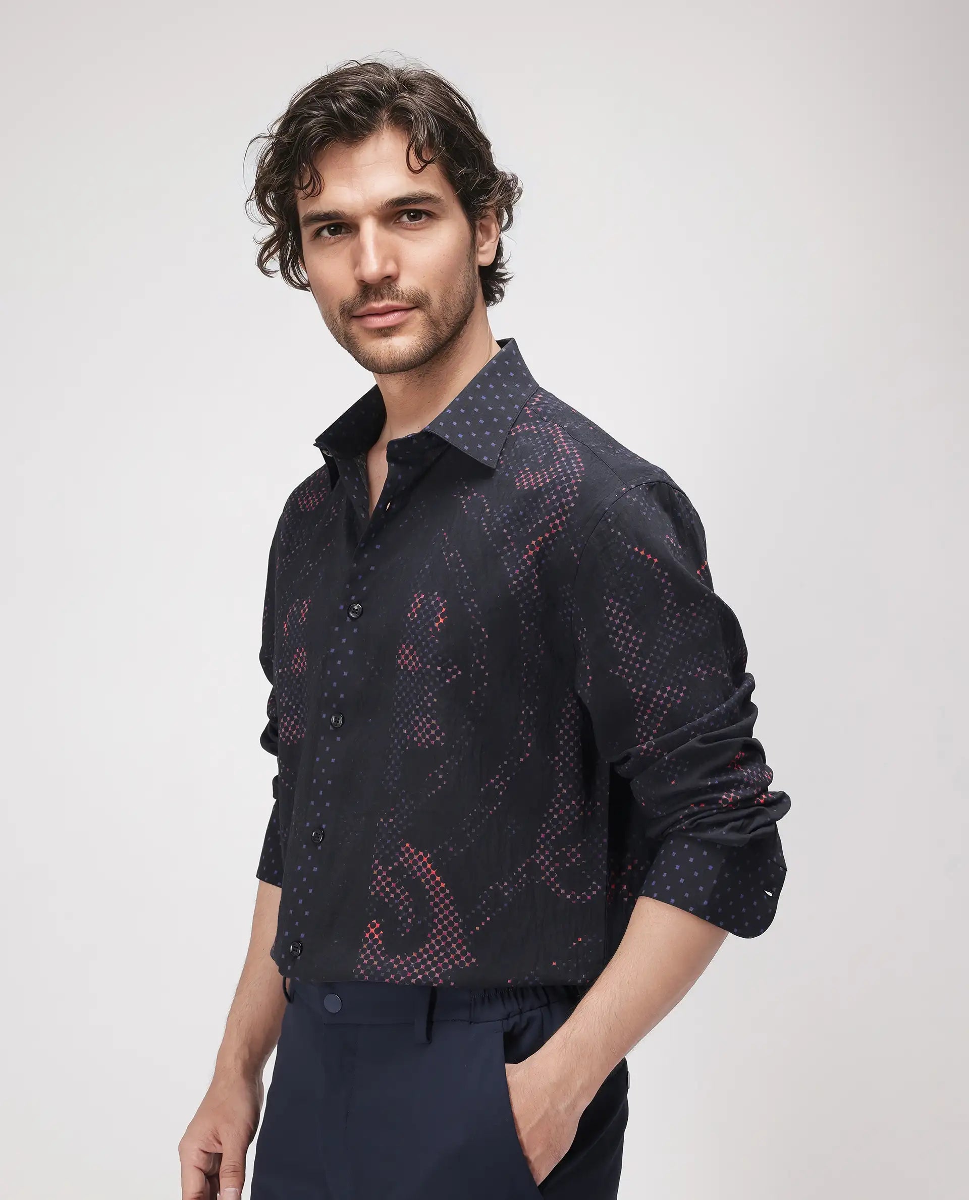 Rare Rabbit Men's Kini Black Viscose Decorative Print Relaxed Fit Full Sleeve Collared Shirt