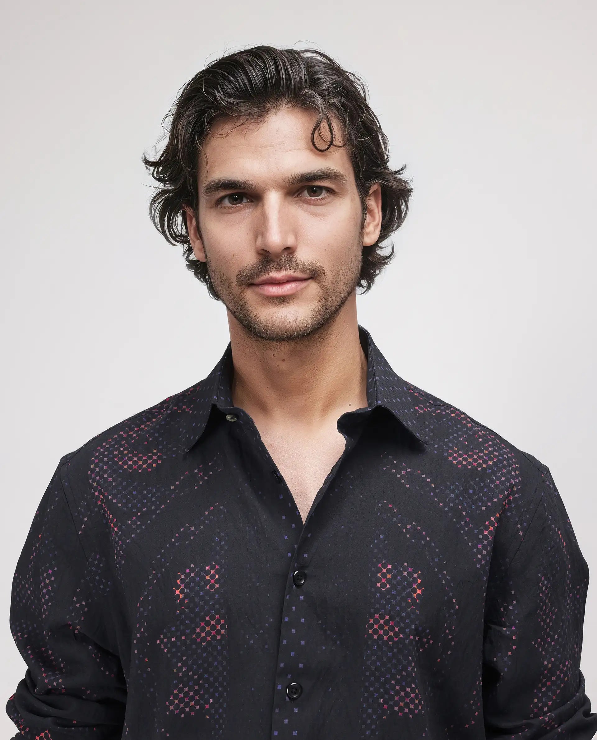 Rare Rabbit Men's Kini Black Viscose Decorative Print Relaxed Fit Full Sleeve Collared Shirt