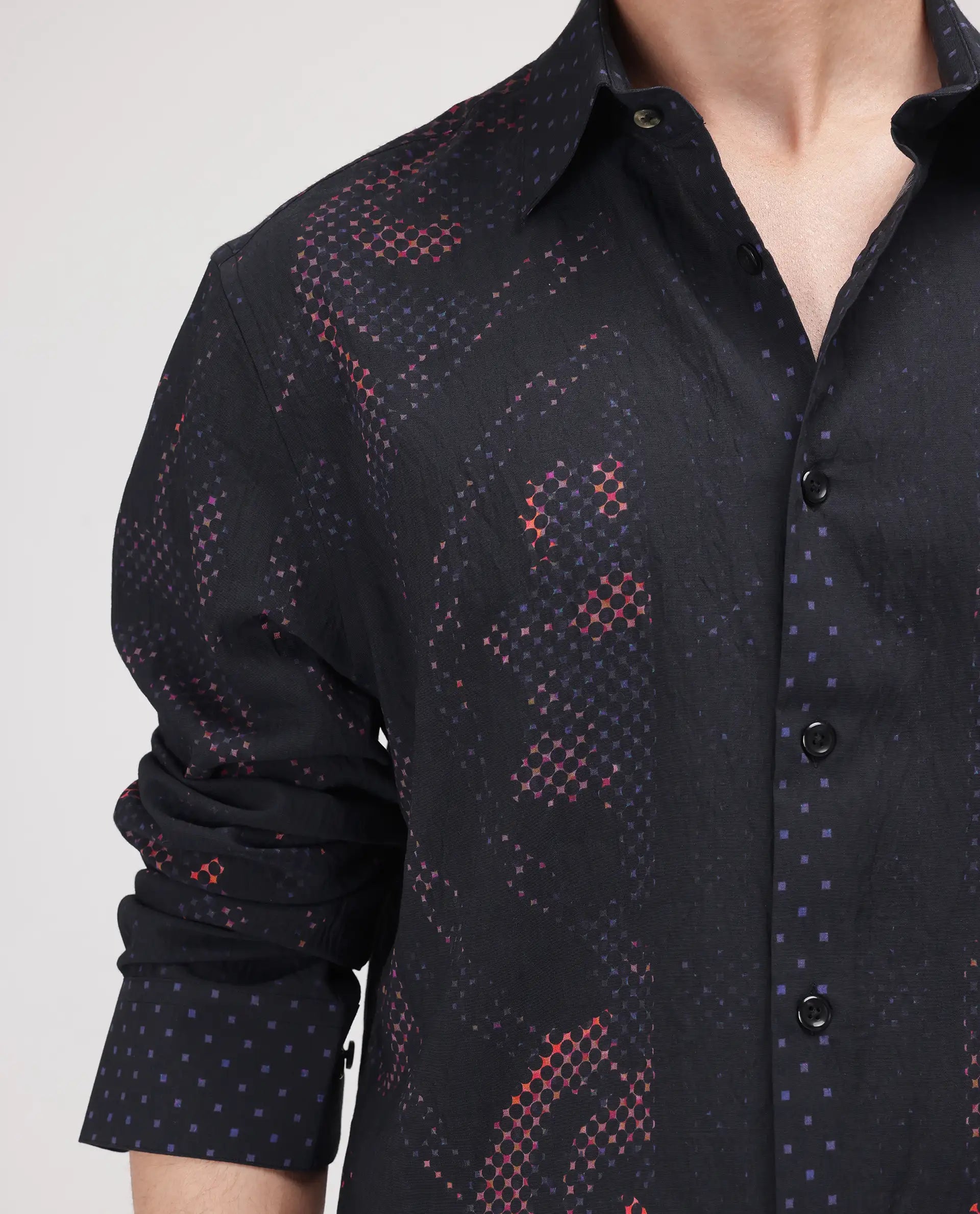 Rare Rabbit Men's Kini Black Viscose Decorative Print Relaxed Fit Full Sleeve Collared Shirt