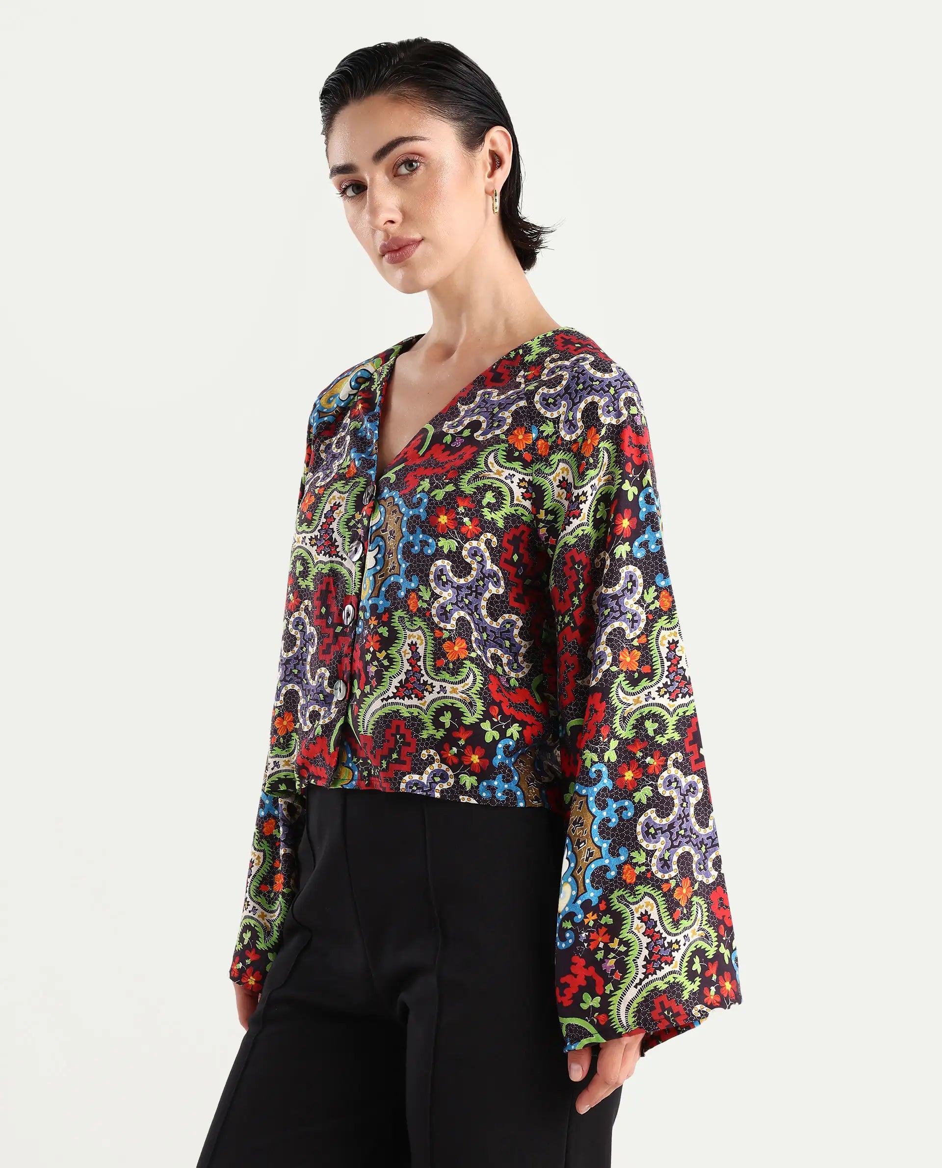 Rareism Women's Kinil Dark Multi Polyester V-Neck Abstract Print Raglan Sleeve Regular Fit Top