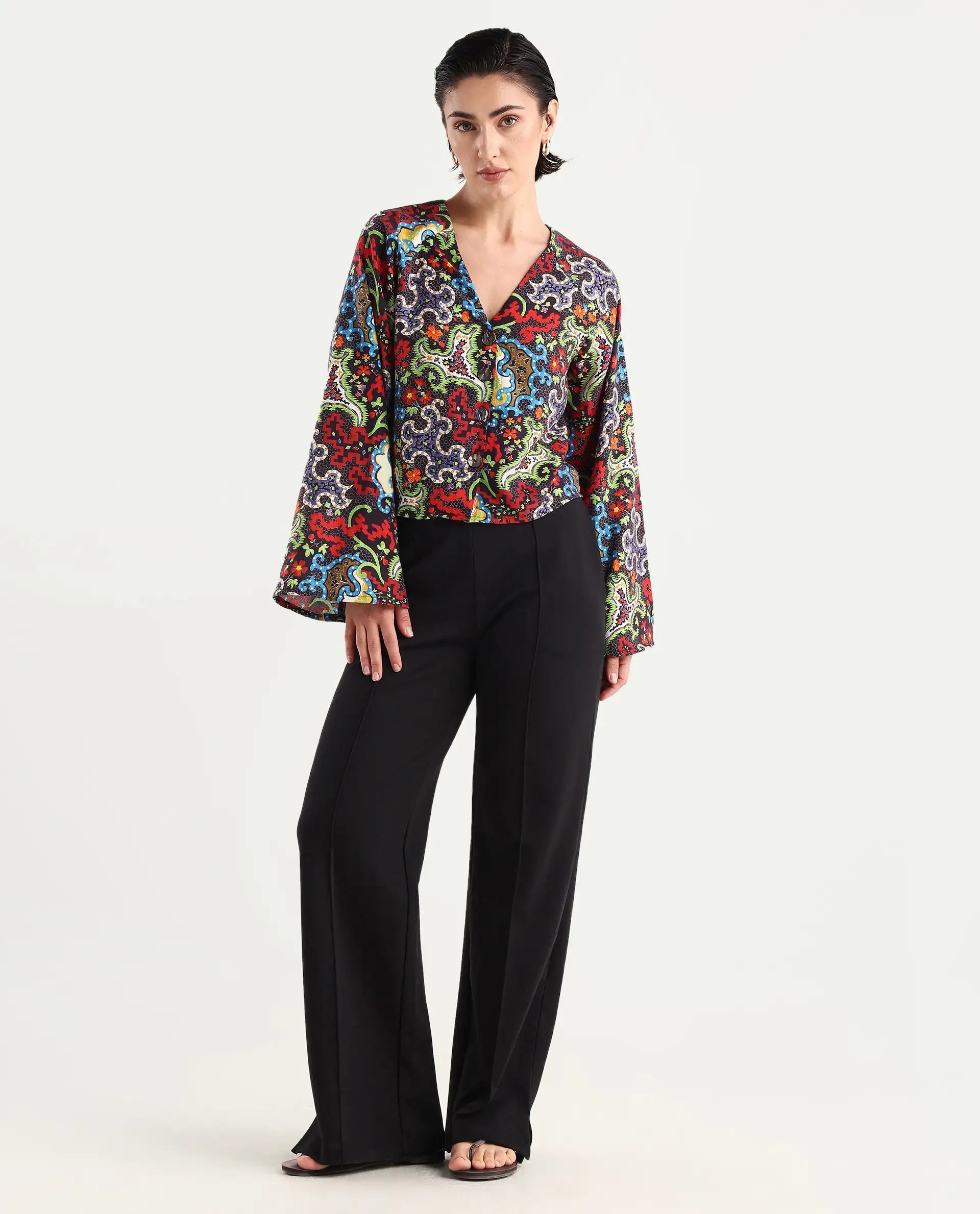 Rareism Women's Kinil Dark Multi Polyester V-Neck Abstract Print Raglan Sleeve Regular Fit Top