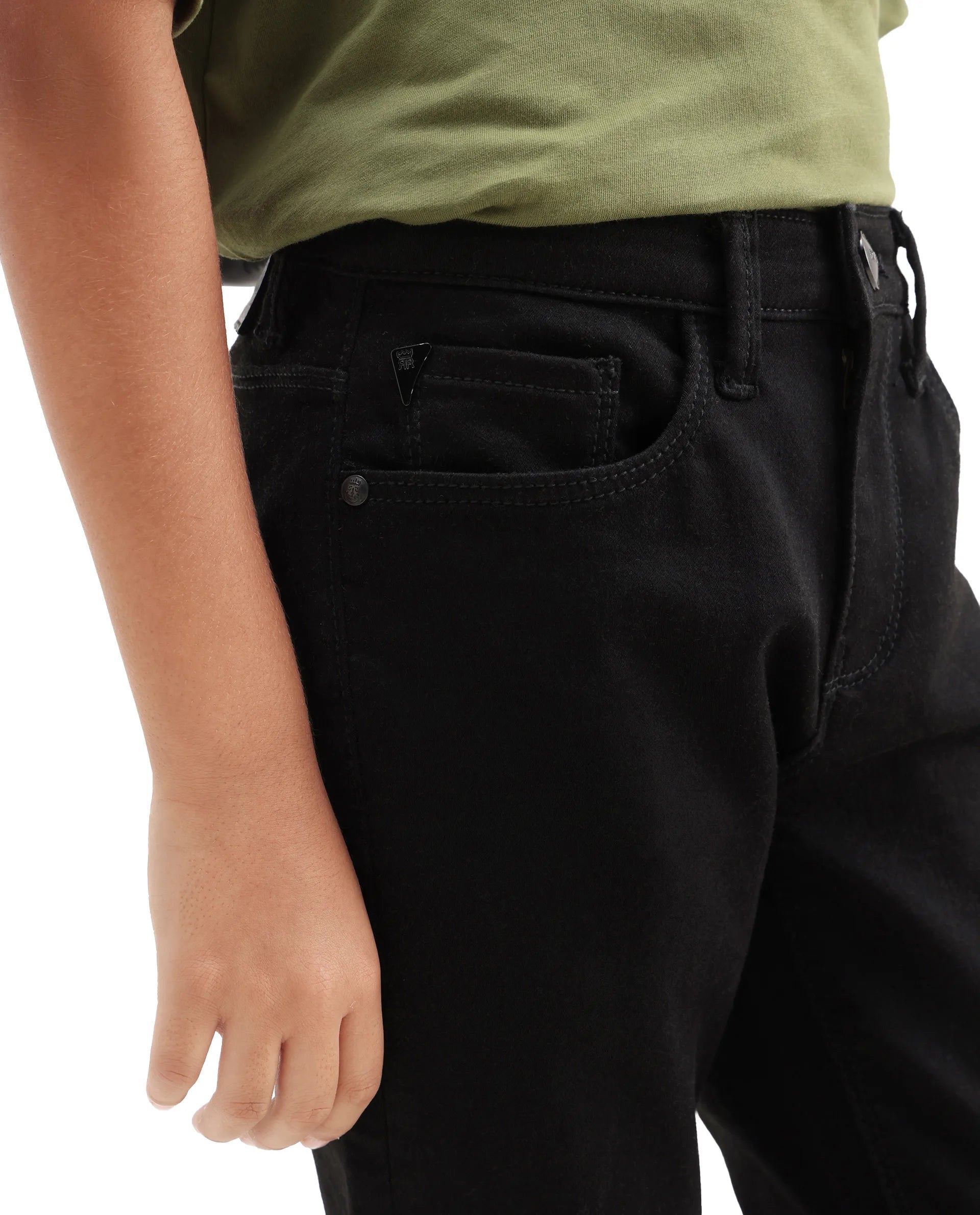 Rare Ones Kids Kino Black Cotton Poly Solid Slim Fit Denim Pant