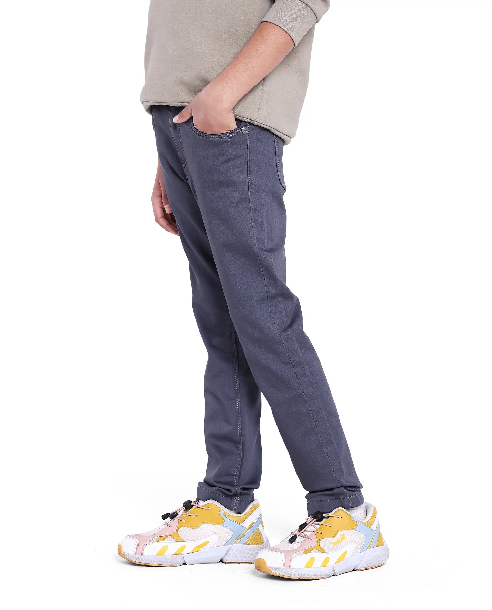 Rare Ones Kids Kino Grey Cotton Poly Solid Slim Fit Denim Pant