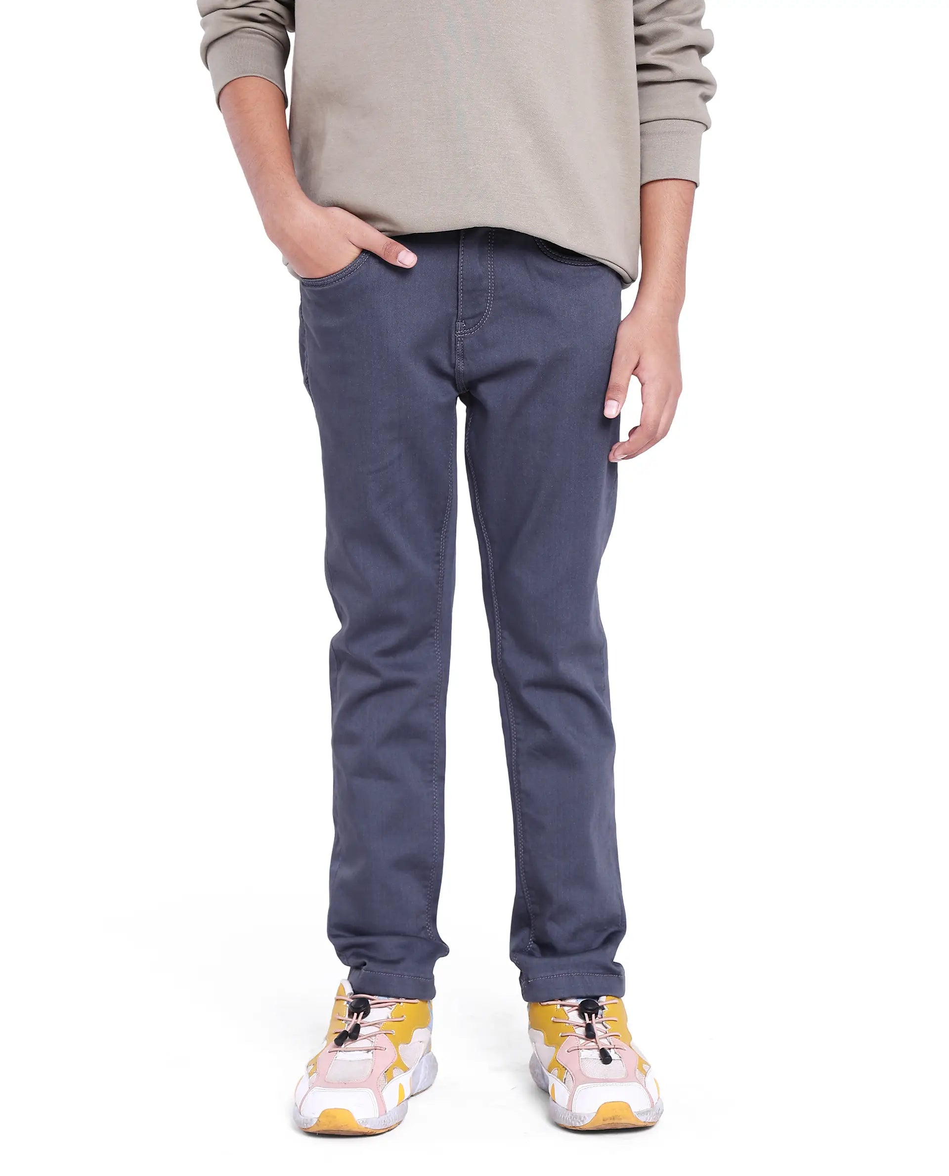 Rare Ones Kids Kino Grey Cotton Poly Solid Slim Fit Denim Pant