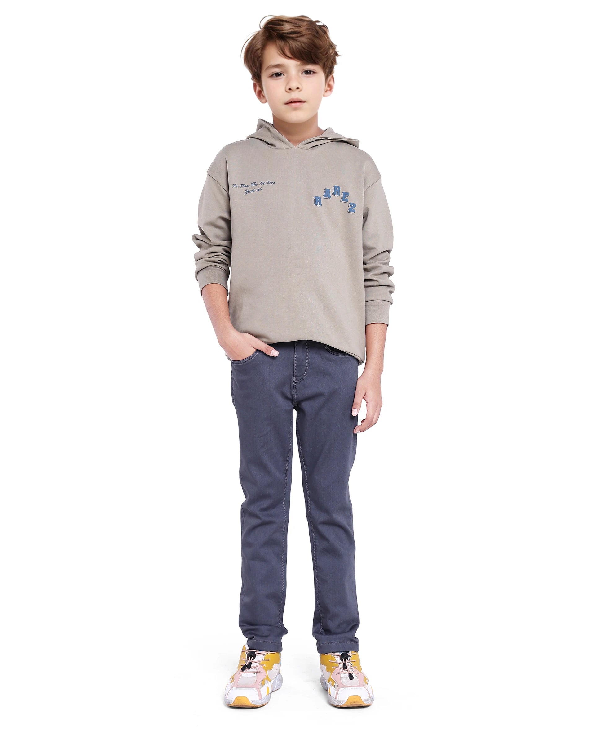 Rare Ones Kids Kino Grey Cotton Poly Solid Slim Fit Denim Pant
