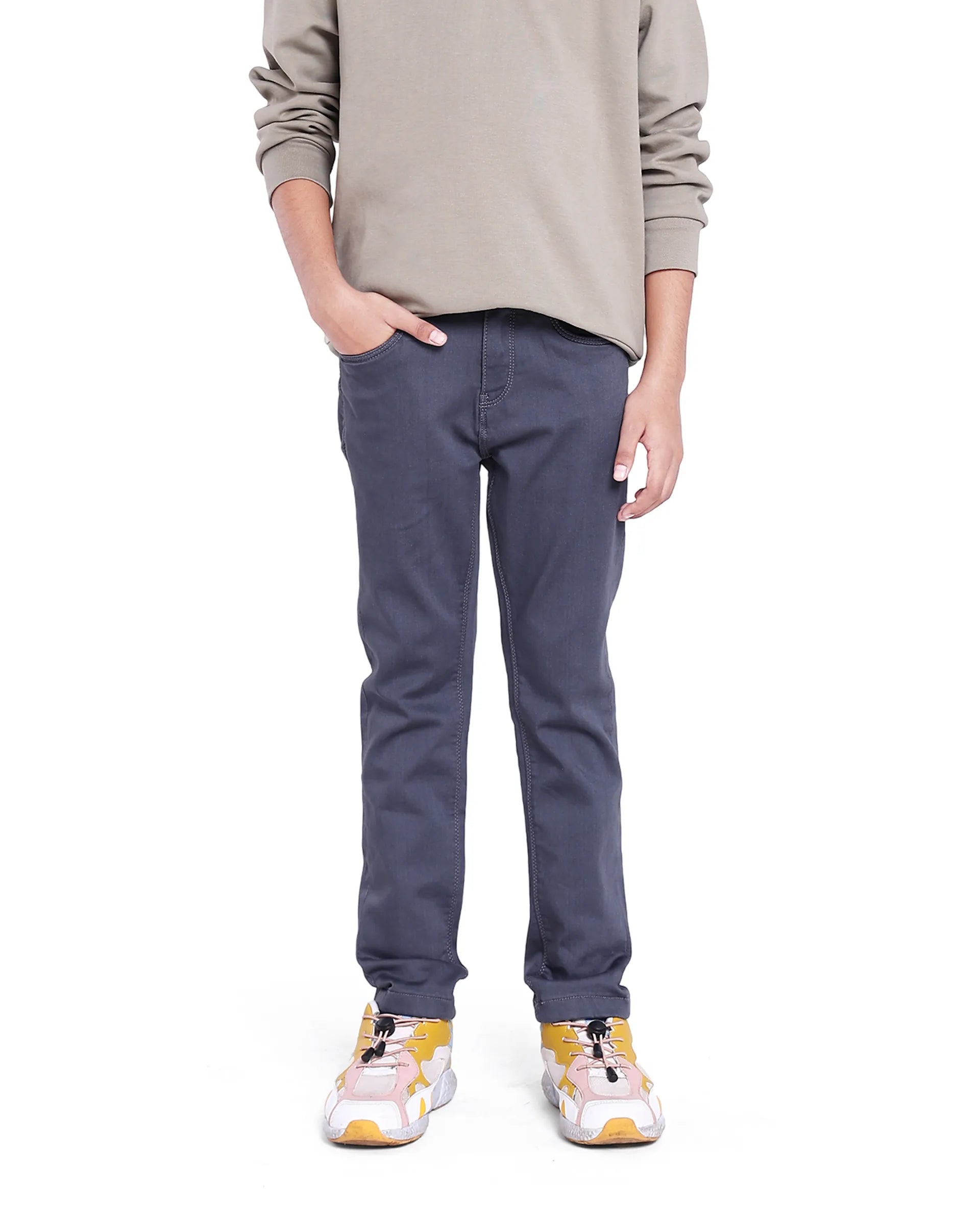 Rare Ones Kids Kino Grey Cotton Poly Solid Slim Fit Denim Pant