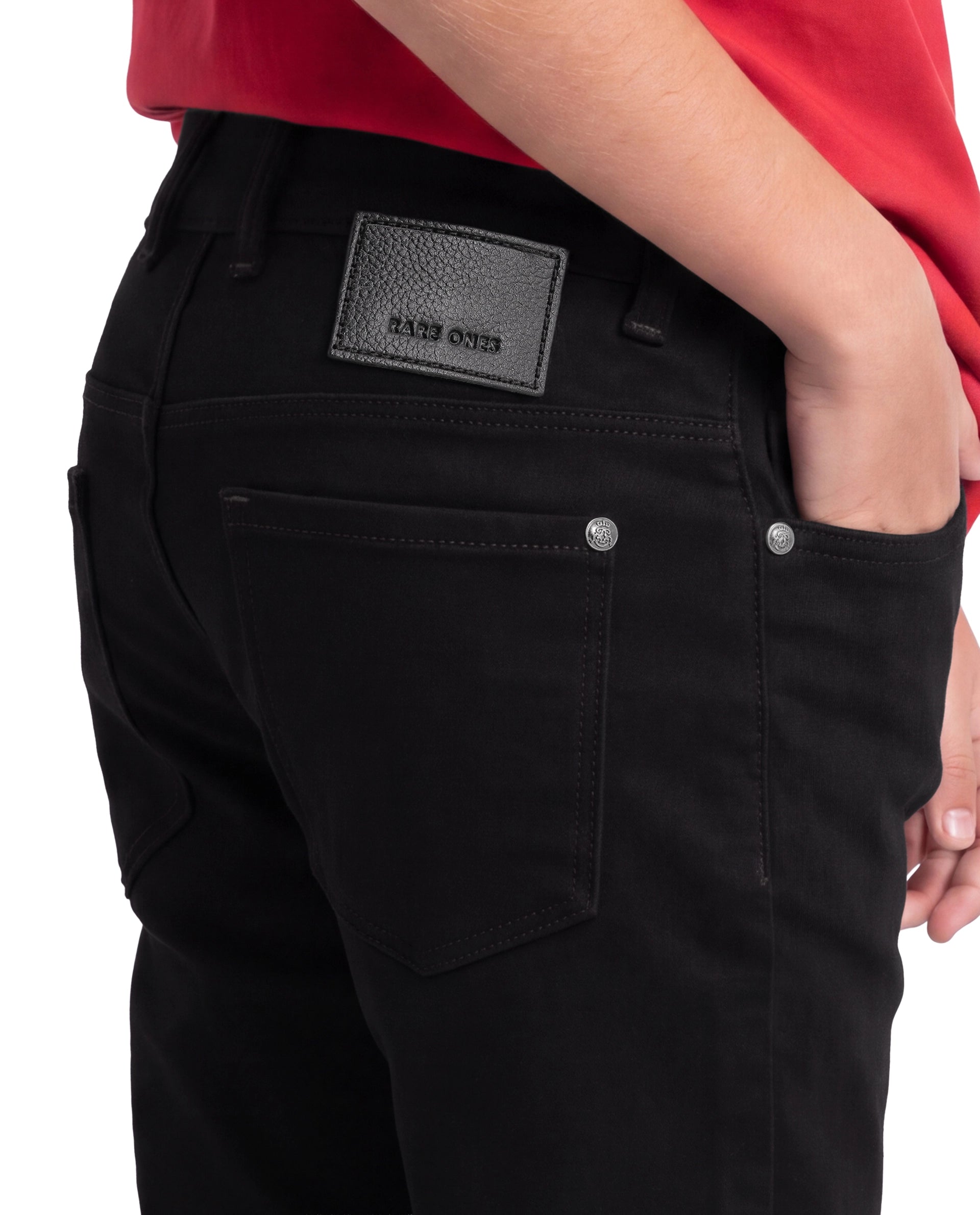 Rare Ones Kids Kino-K-26 Black Cotton Blend Fabric Button And Zip Closure Slim Fit Plain Jeans