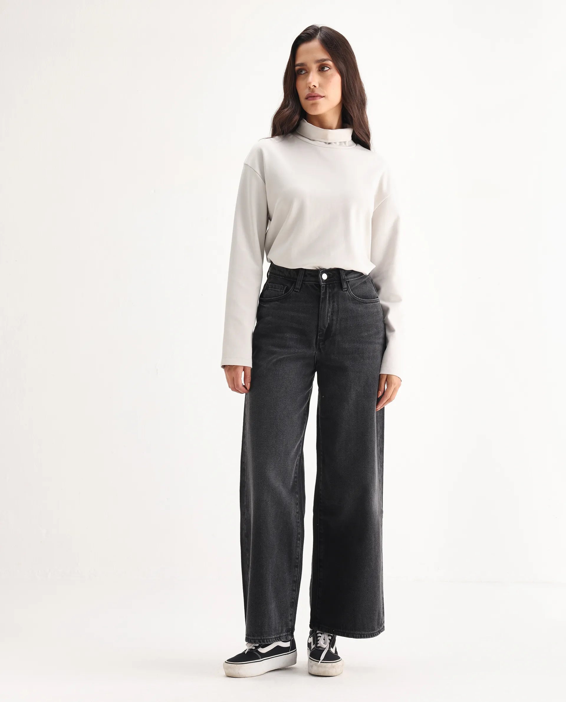 Rareism Women's Kinzy Black Cotton Plain Ankle Length Effortless Wide Jeans