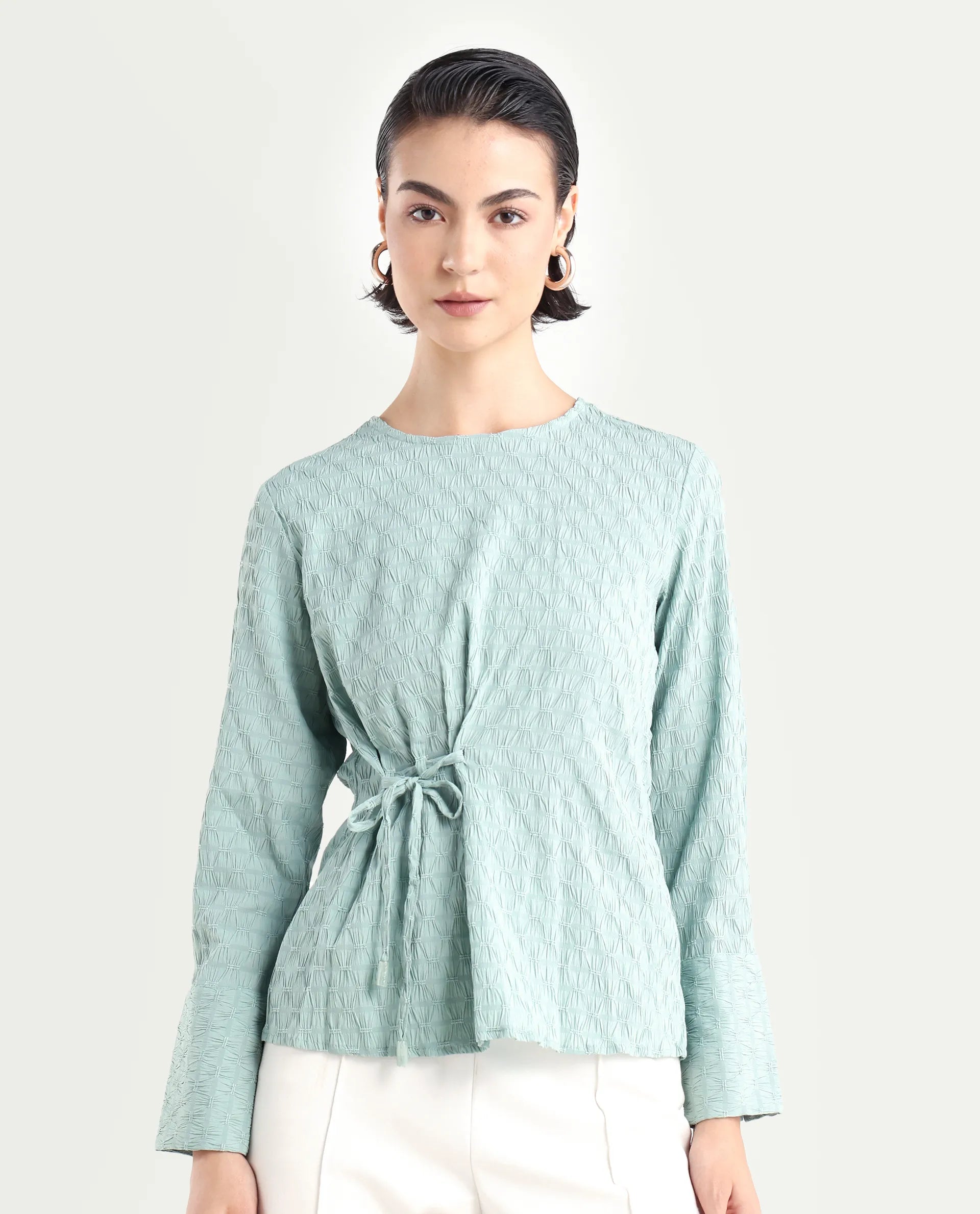 Rareism Women's Kiop Green Polyester Crew Neck Plain Cuffed Sleeve Regular Fit Top